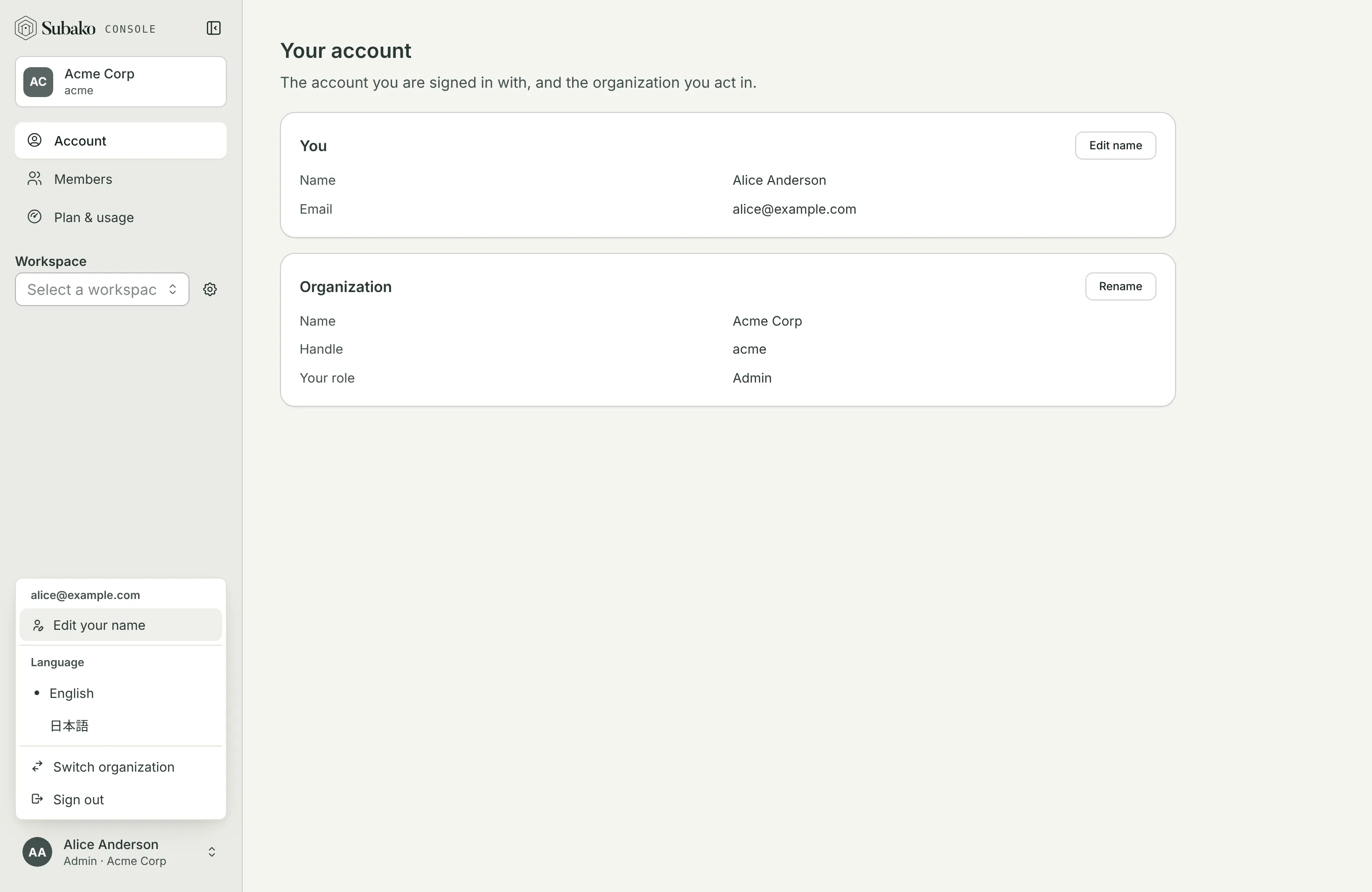 The account menu: the account’s email, Edit your name, Language, Switch organization, and Sign out