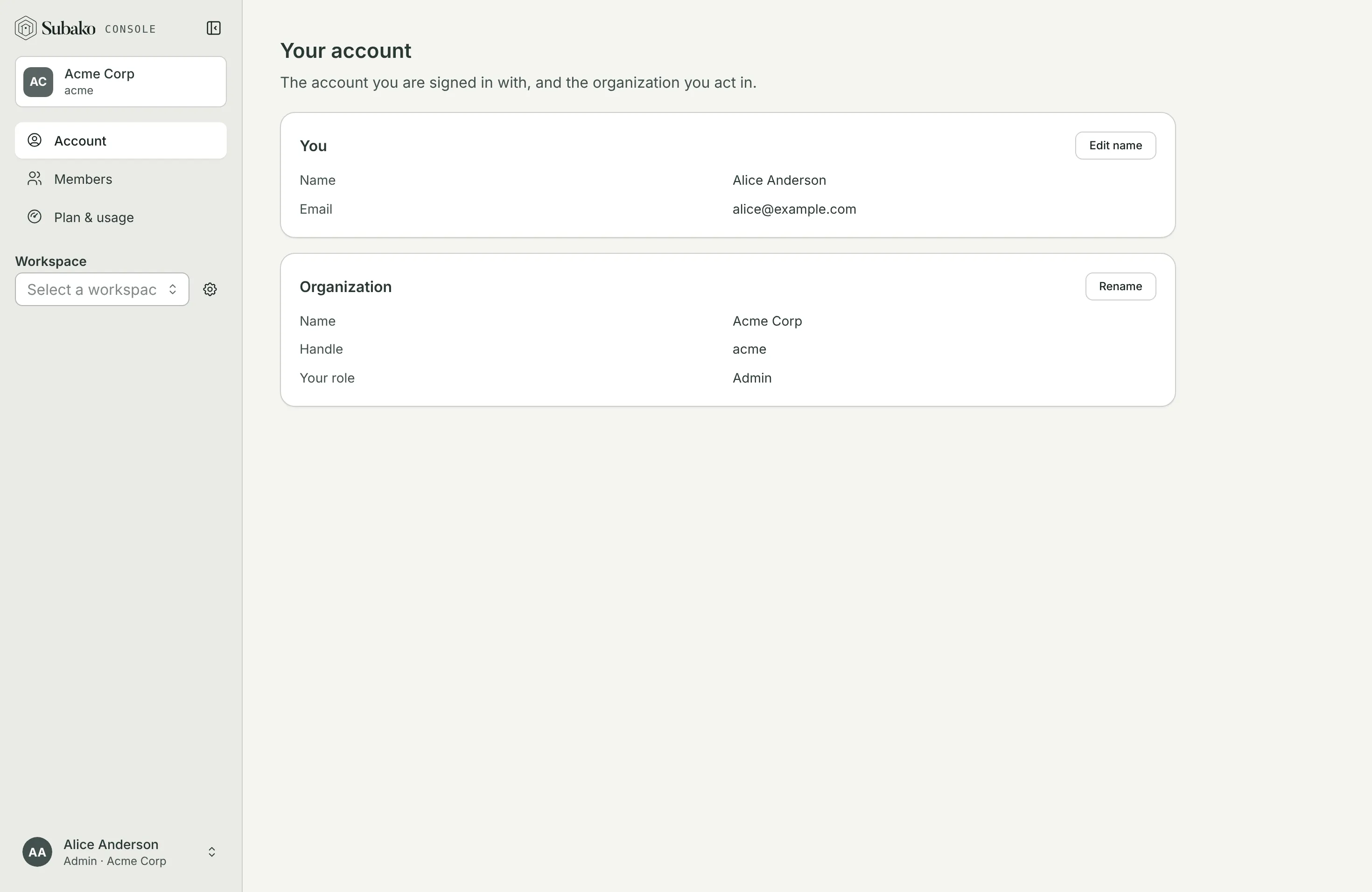Your account: your name and email, and the organization you act in with your role