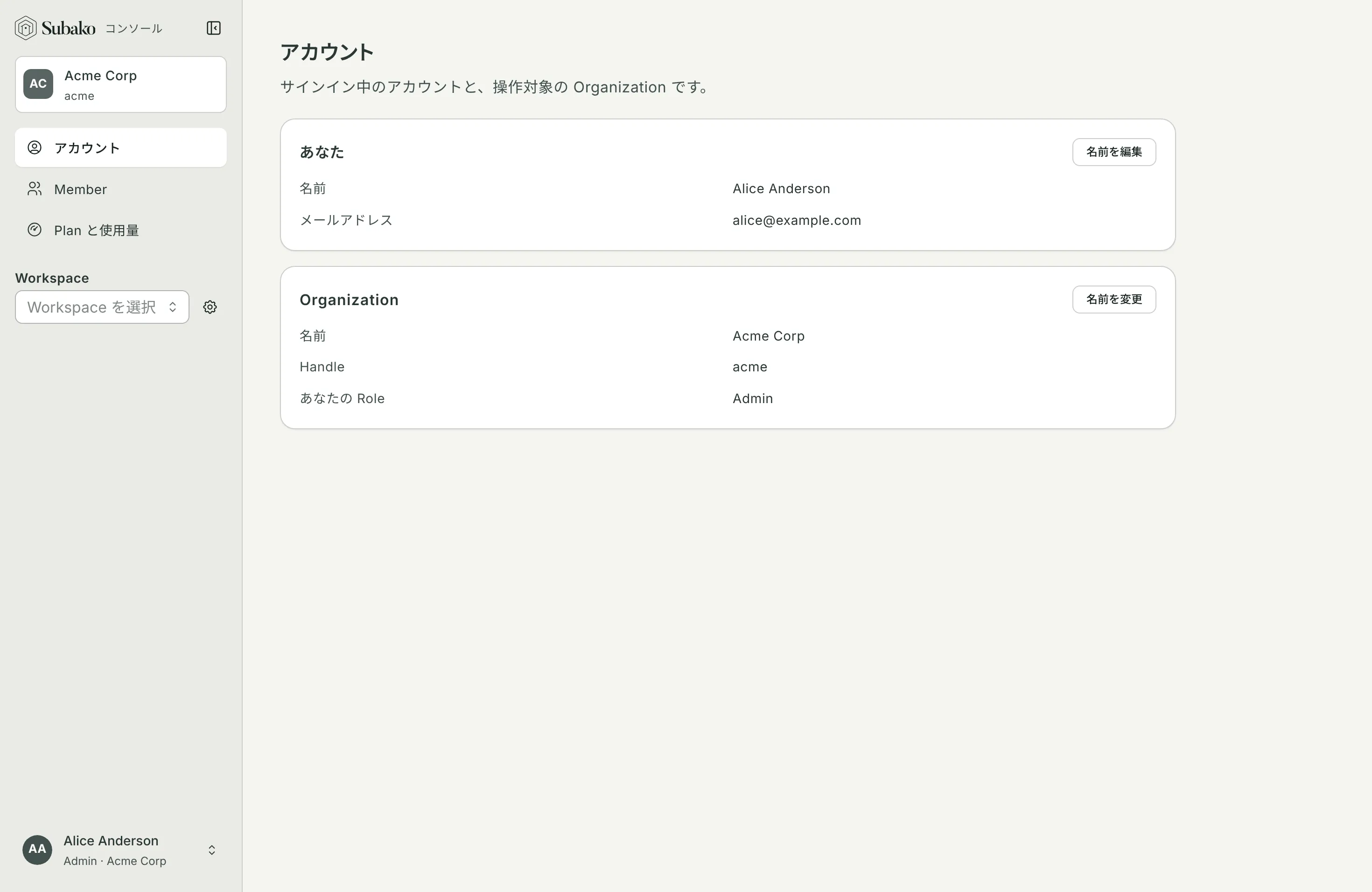 アカウント: 名前とメールアドレス、作業中の Organization とその Role