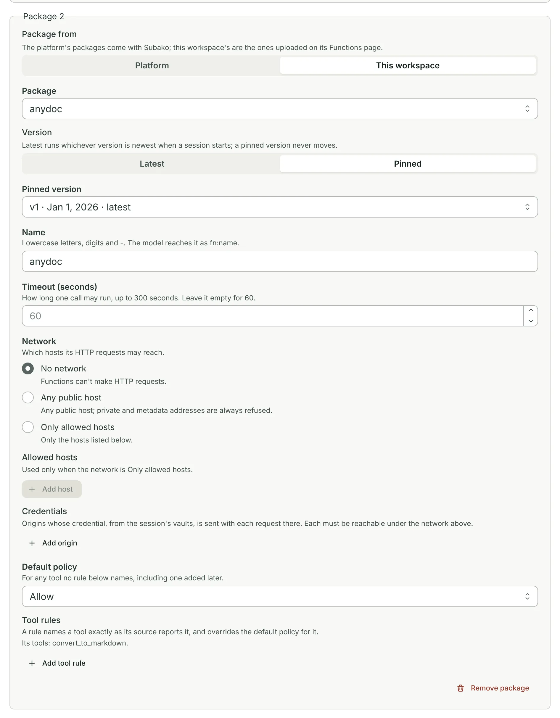 A function package grant: the workspace’s anydoc package, pinned to version 1