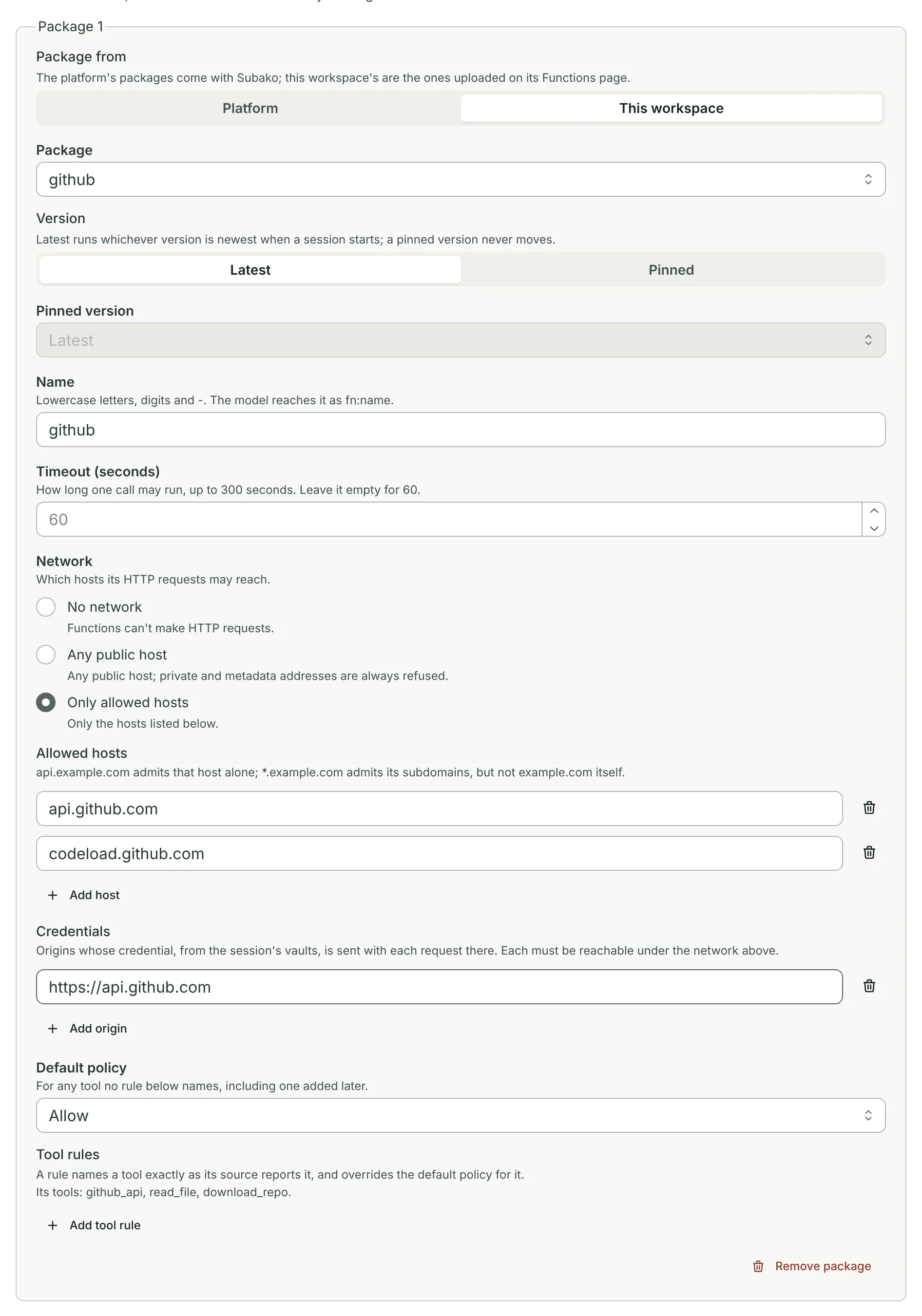 A function package grant: github, allowed to reach api.github.com and codeload.github.com, with the credential for https://api.github.com