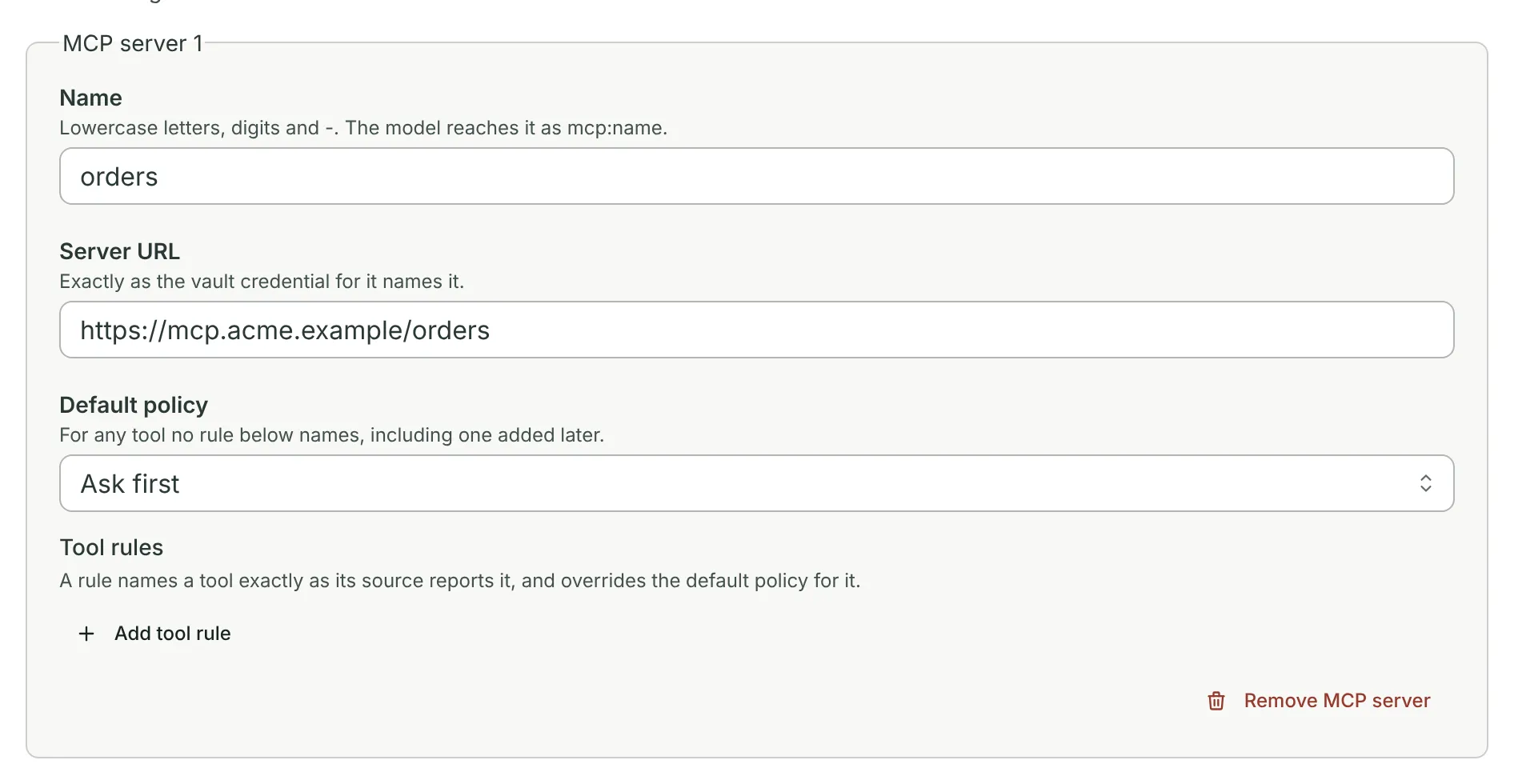 An MCP server grant: name orders, its URL, and Ask first as the default policy