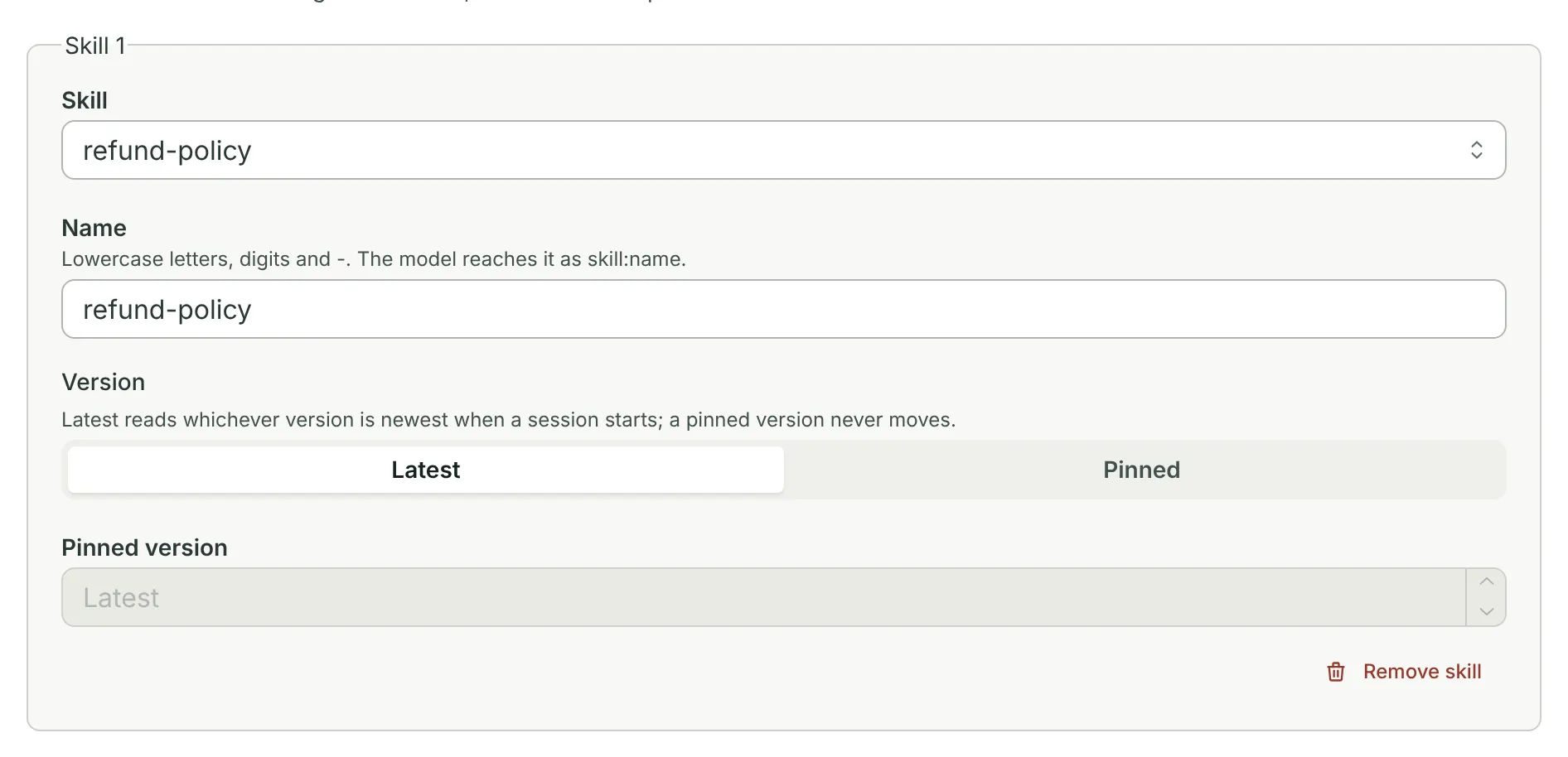A skill grant: the refund-policy skill, following its latest version