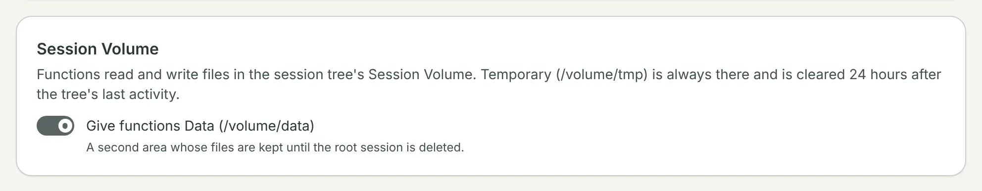 Session Volume: Give functions Data (/volume/data), switched on