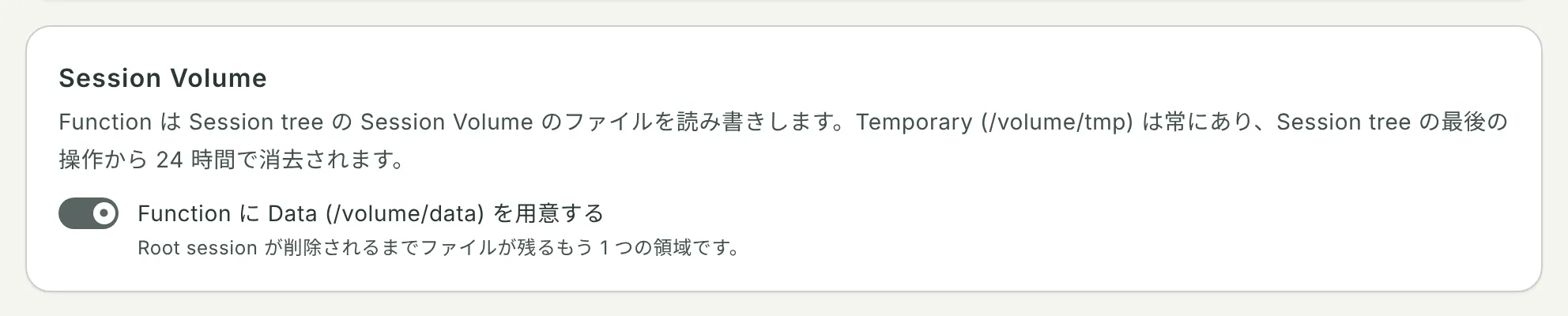 Session Volume:「Function に Data (/volume/data) を用意する」をオンにした状態