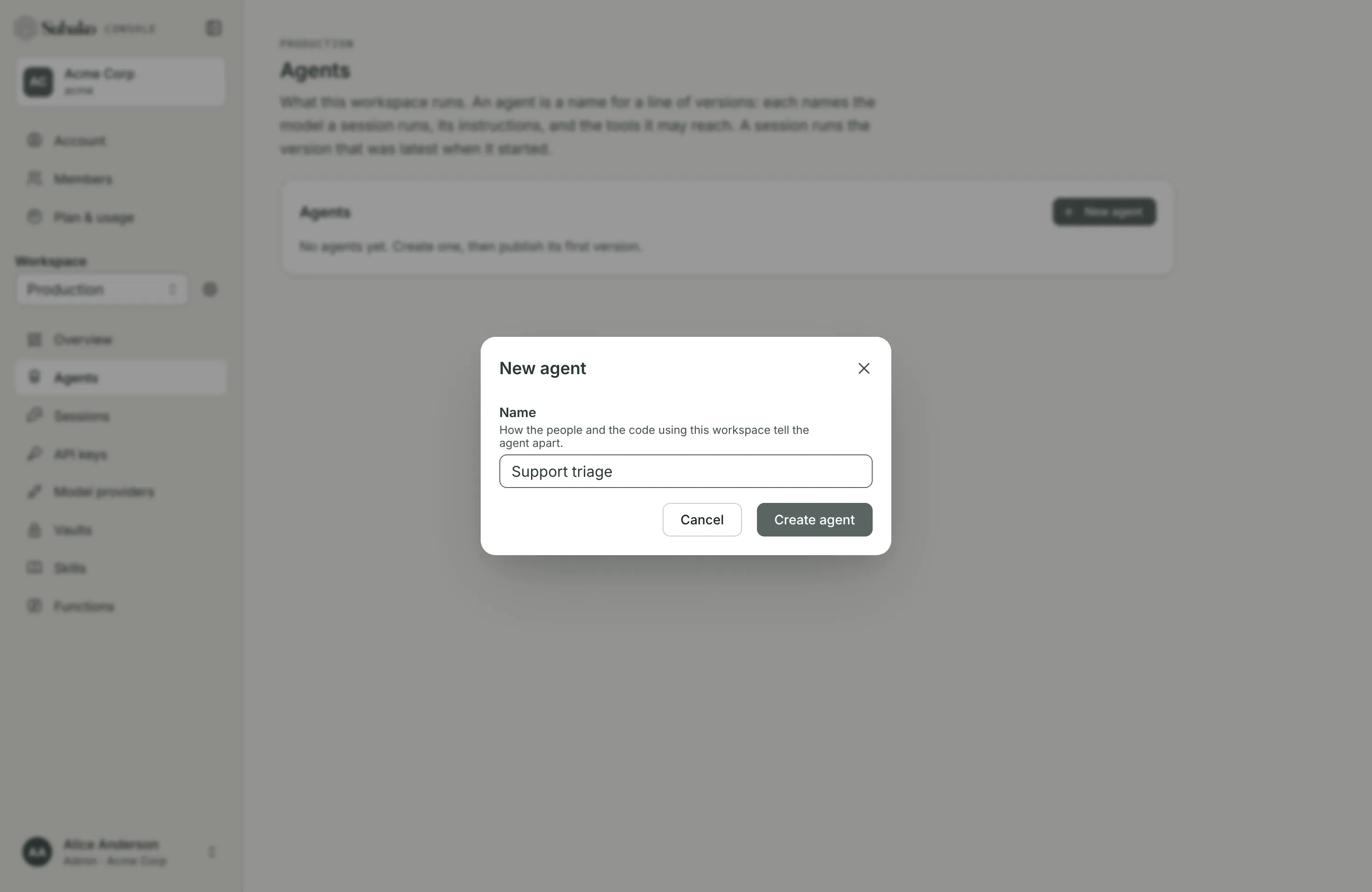 The New agent dialog, named Support triage