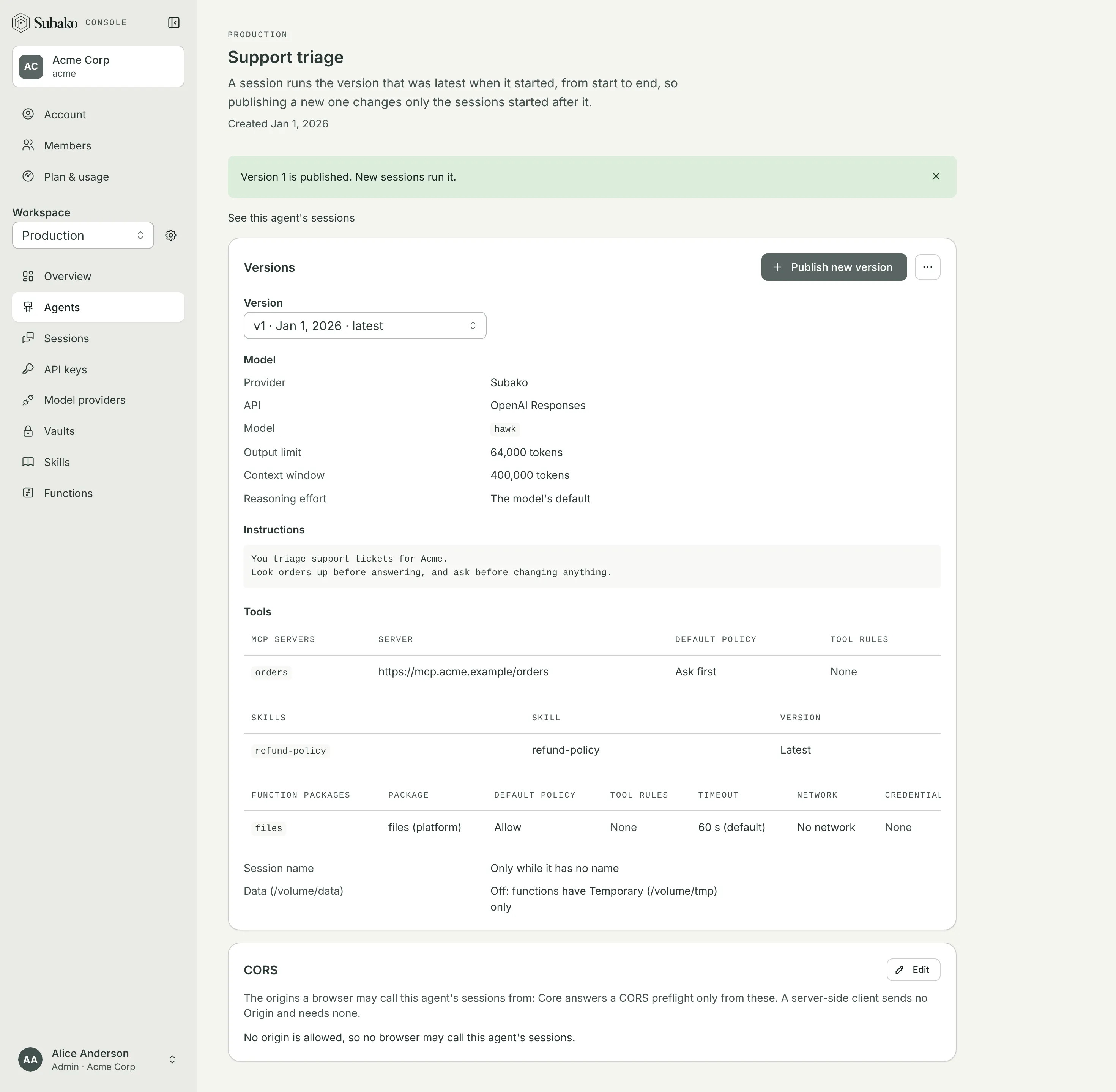 The agent’s page after version 1 was published: its model, instructions, and tools