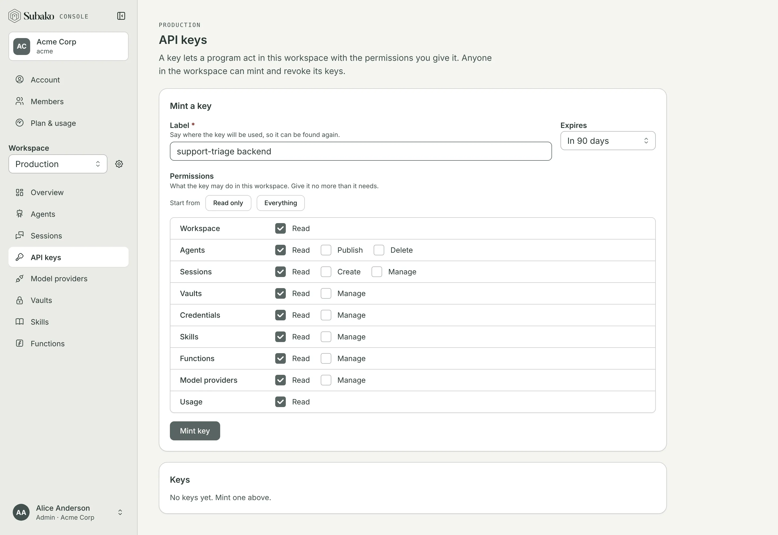 Mint a key: the label, the expiry, and the permissions by group