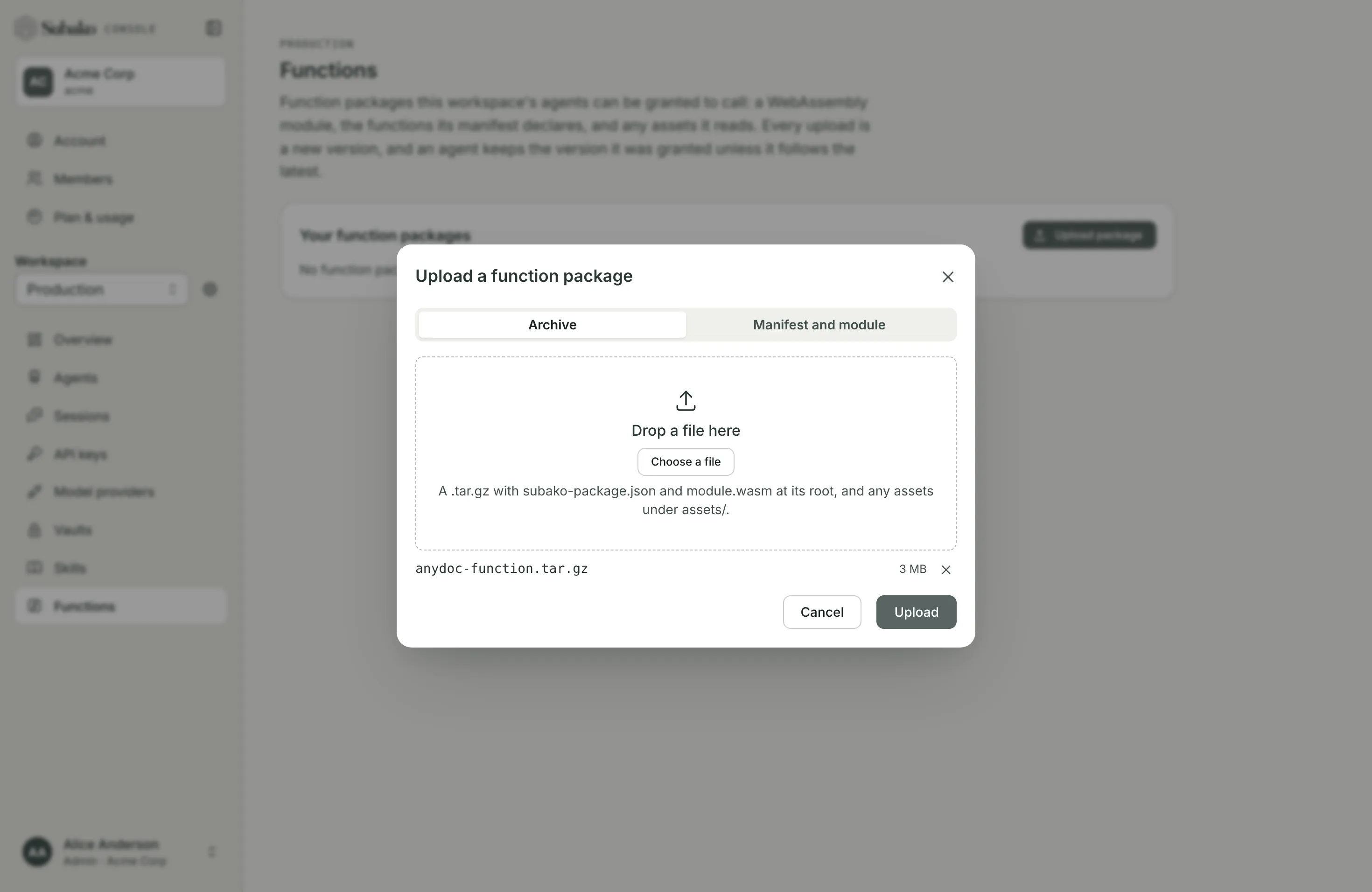 Upload a function package: the anydoc archive chosen
