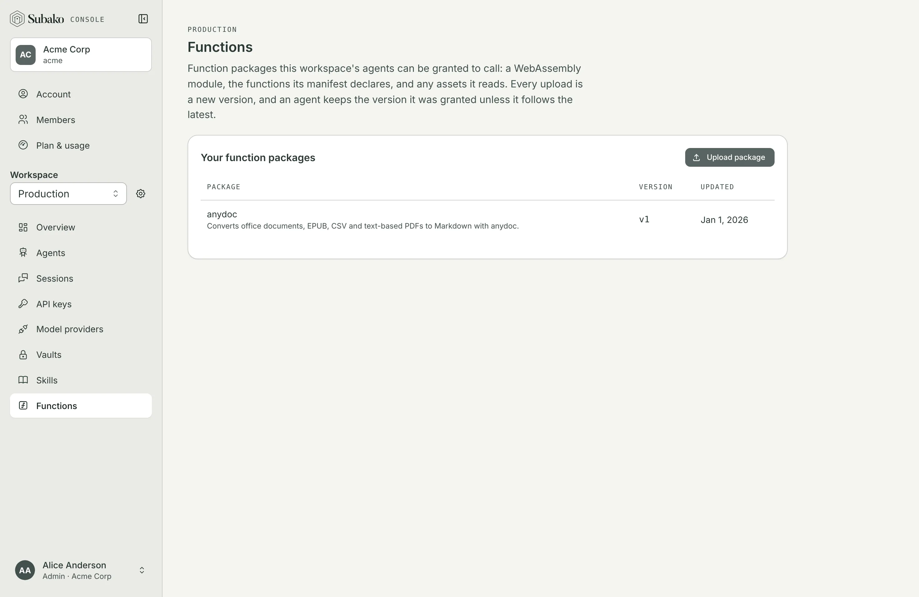 The Functions page: the workspace’s packages and their latest versions