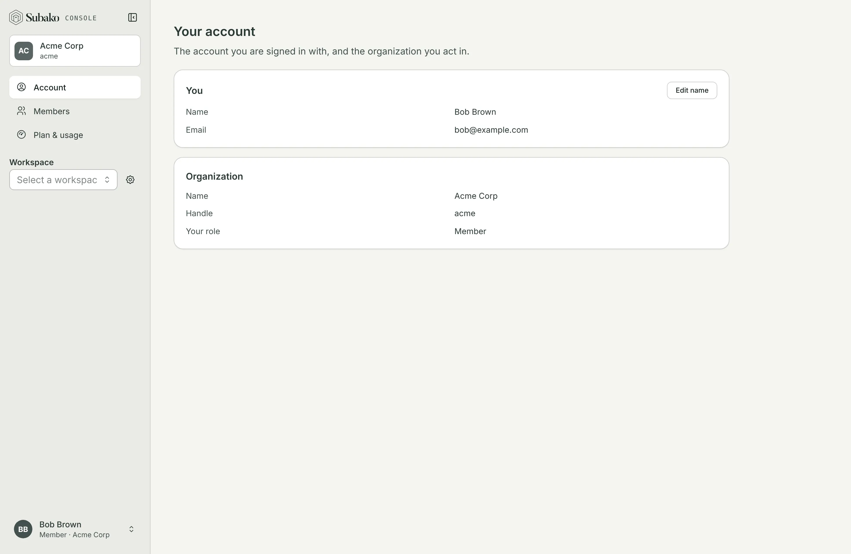 The Account page after joining: Bob Brown, in Acme Corp, as a Member