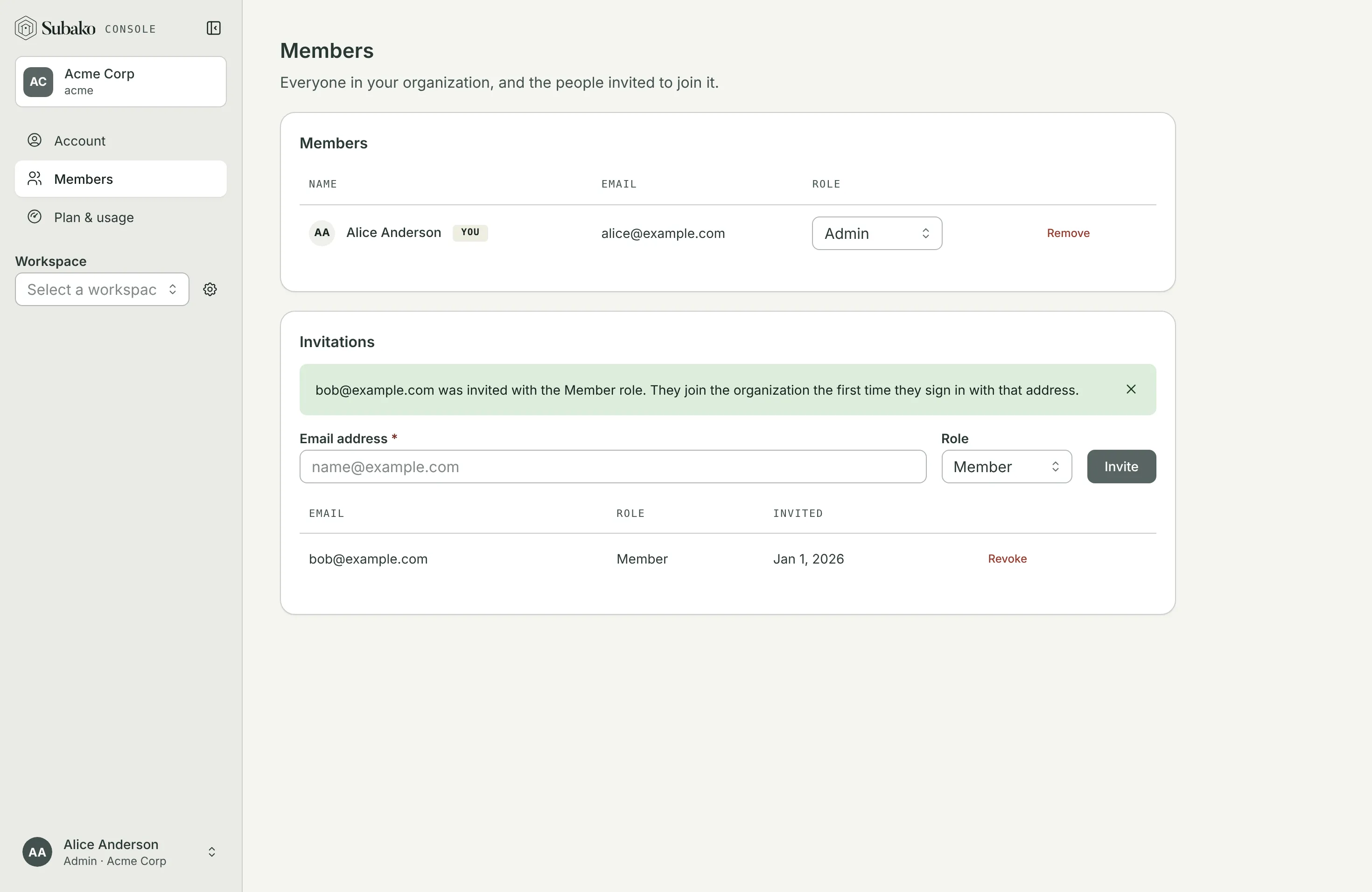 Members: Alice Anderson as Admin, and an invitation for bob@example.com as Member
