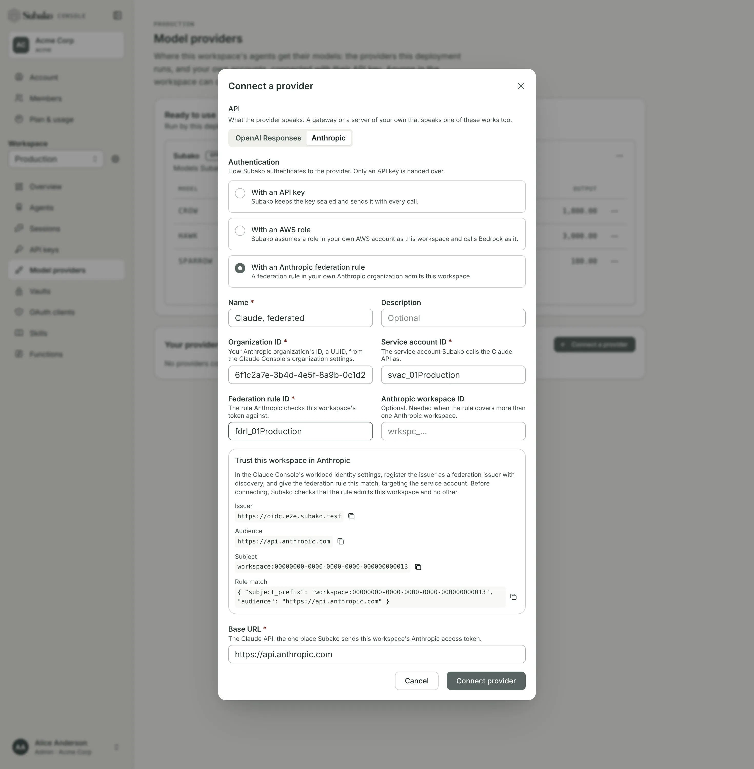 Connect a provider with an Anthropic federation rule: the organization, service account and federation rule IDs, and the issuer, audience, subject and rule match to set