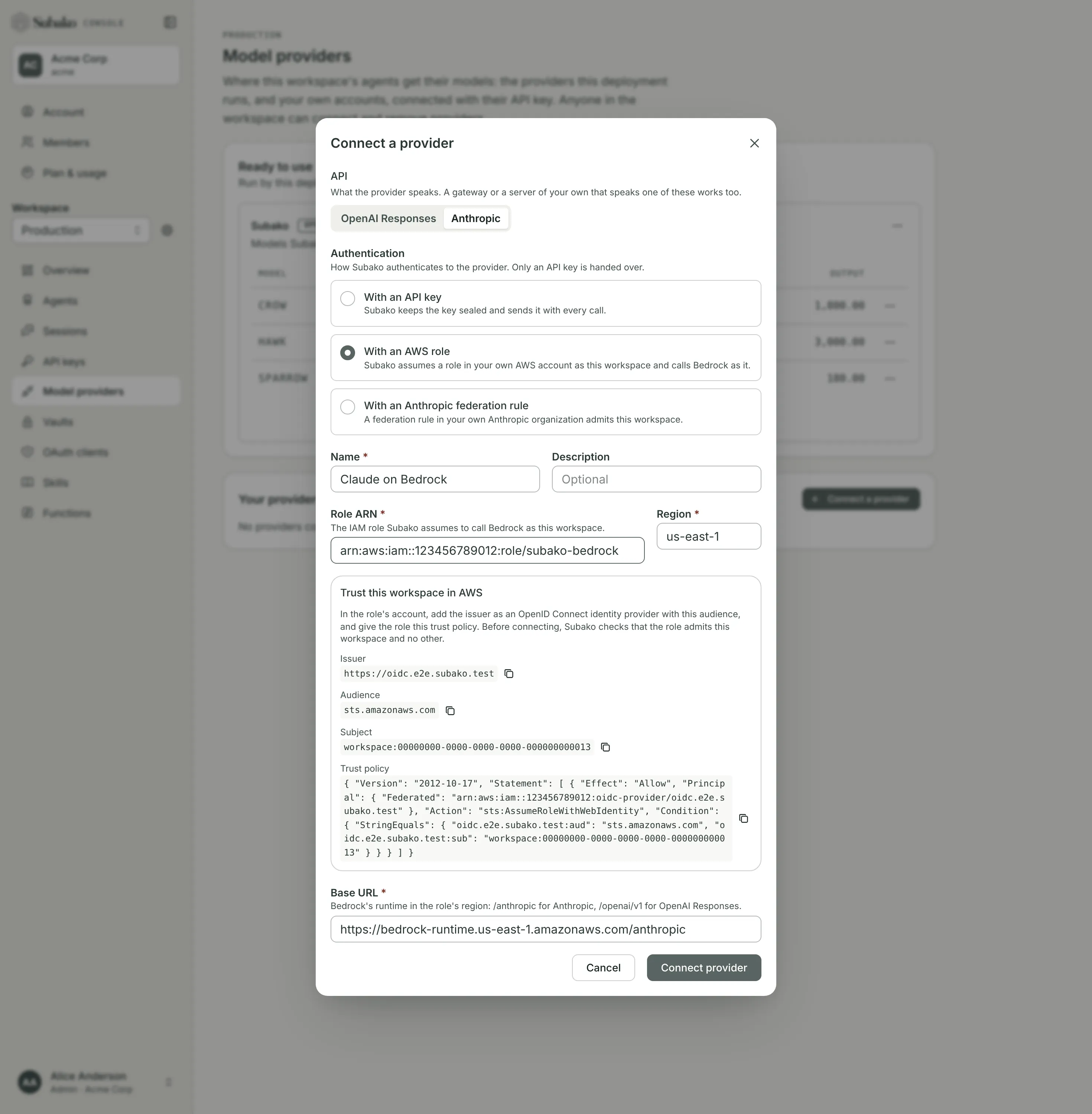 Connect a provider with an AWS role: the role ARN and region, and the issuer, audience, subject and trust policy to trust