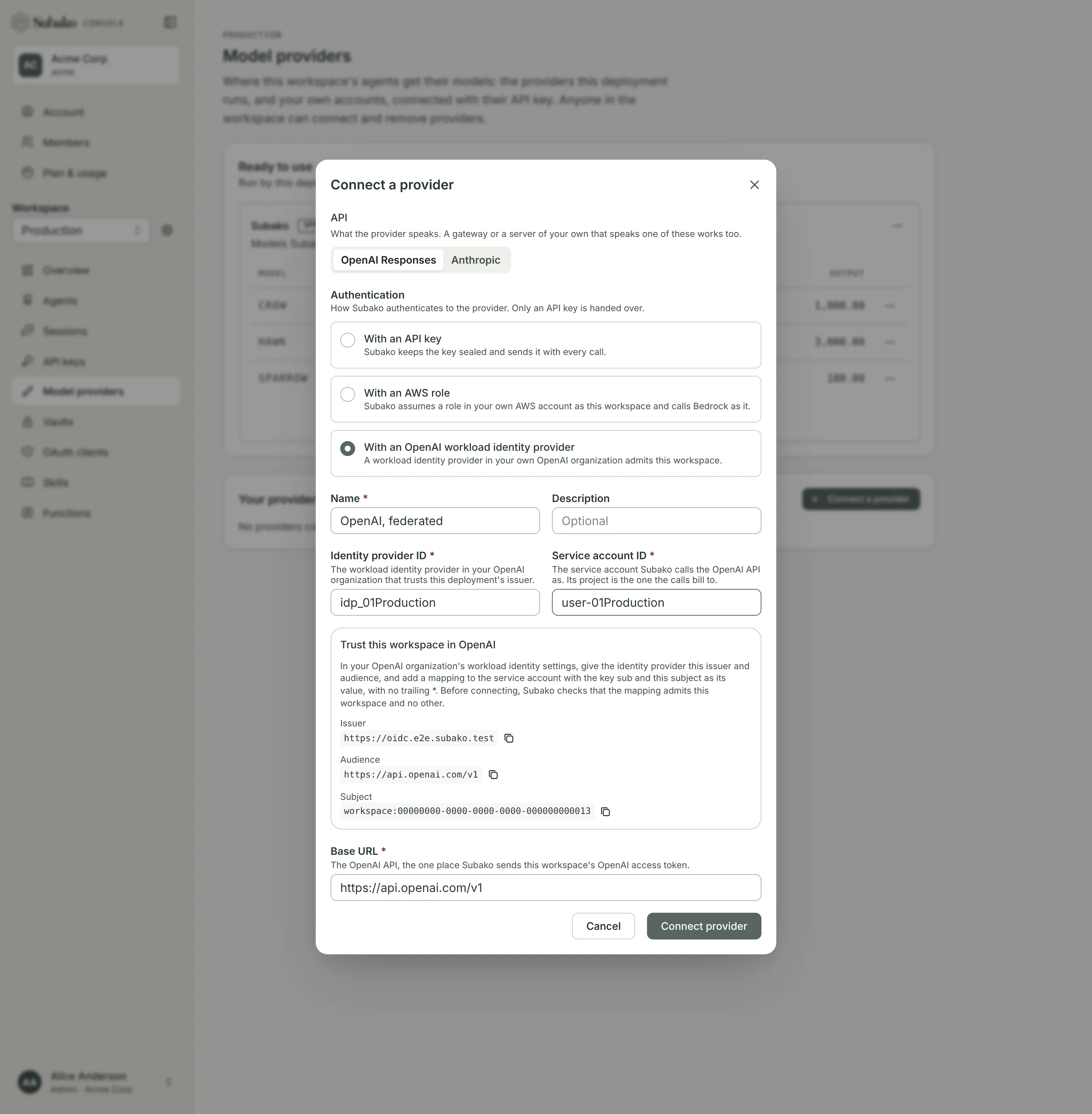 Connect a provider with an OpenAI workload identity provider: the identity provider and service account IDs, and the issuer, audience and subject to set