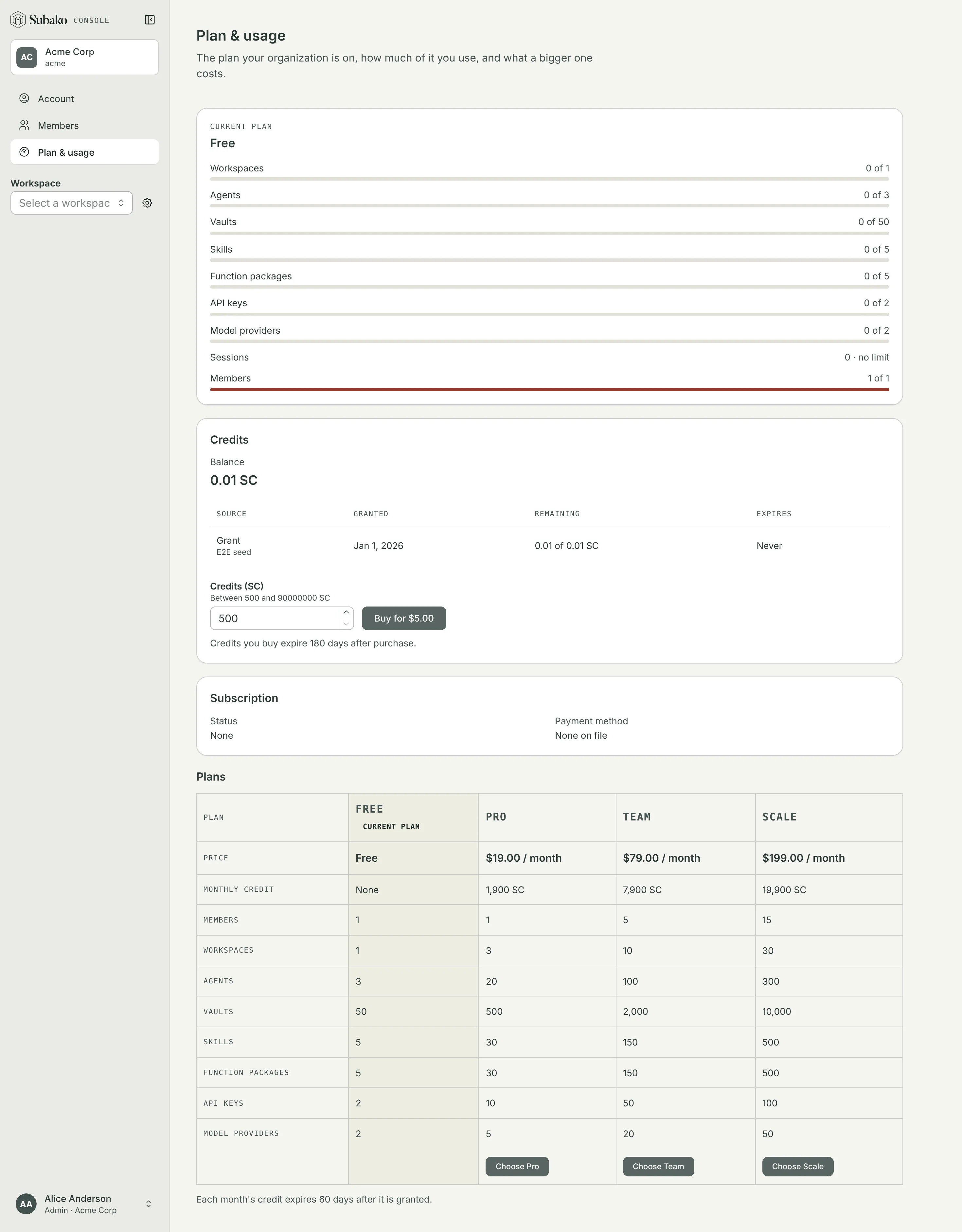 Plan & usage: the current plan and its usage, the credit balance, and the plans side by side