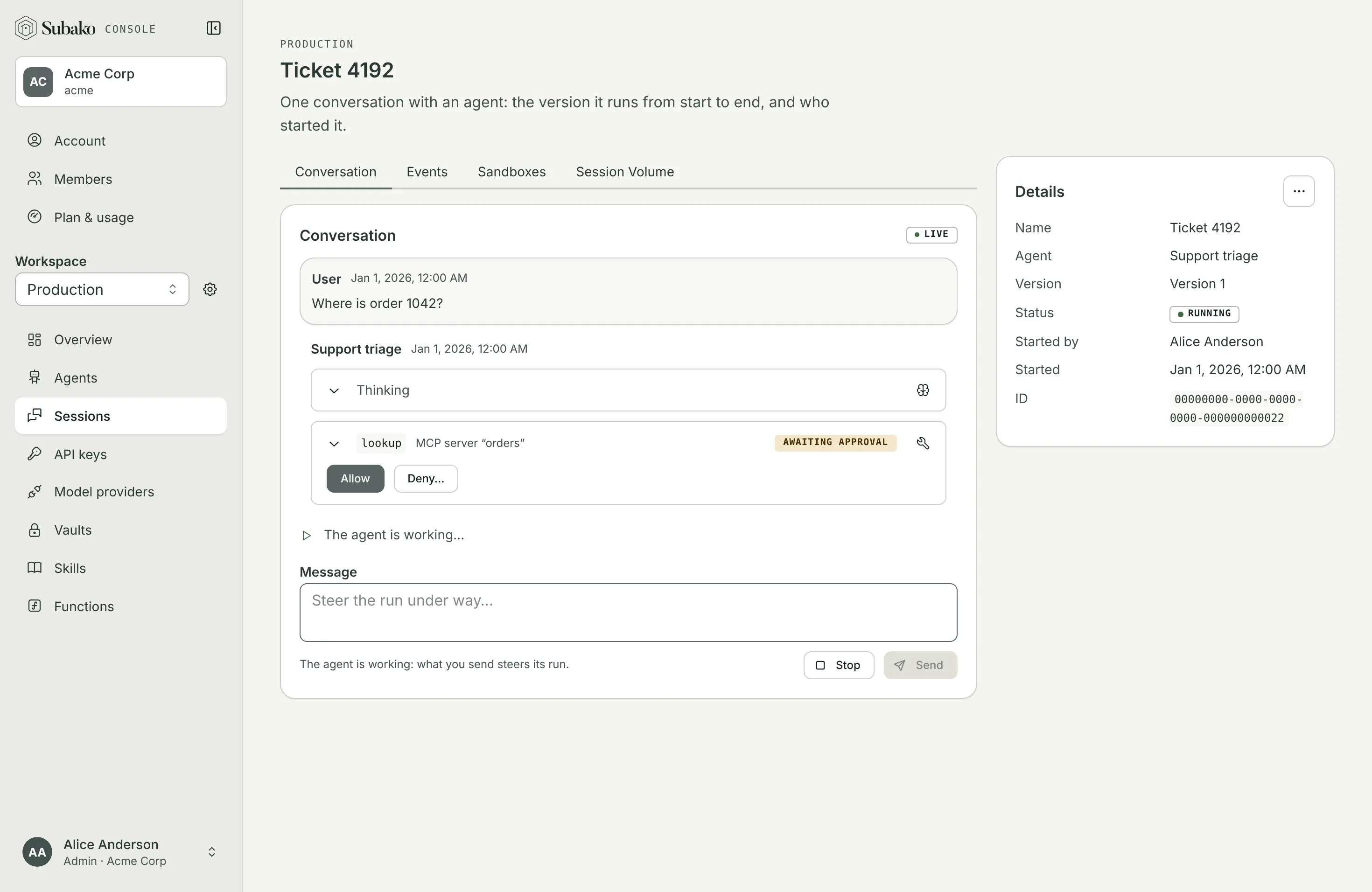 A call to lookup awaiting approval, with Allow and Deny buttons, while the agent is working