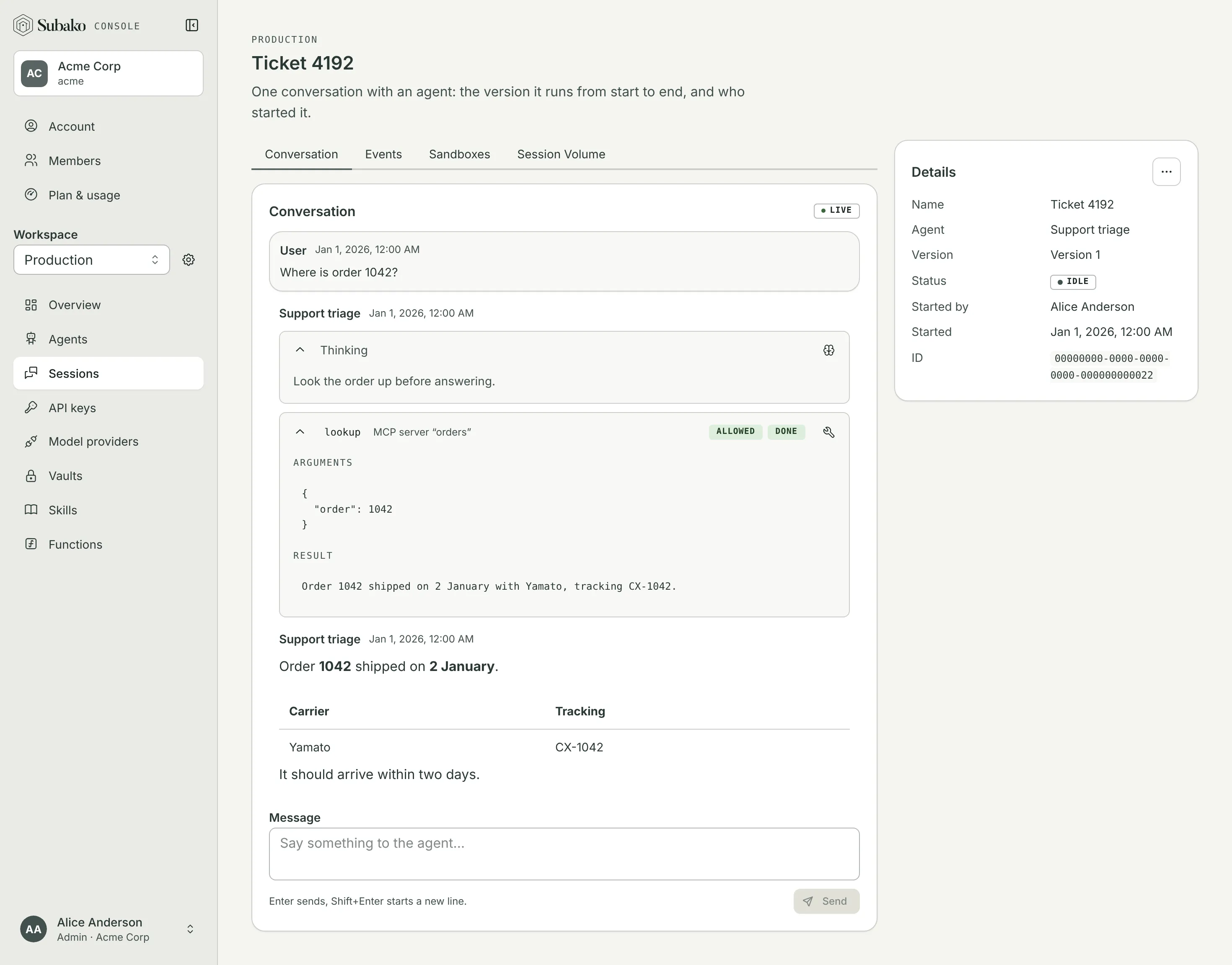 A session in the Subako console: the user’s question, the agent’s thinking, an MCP tool call that was allowed, and the answer