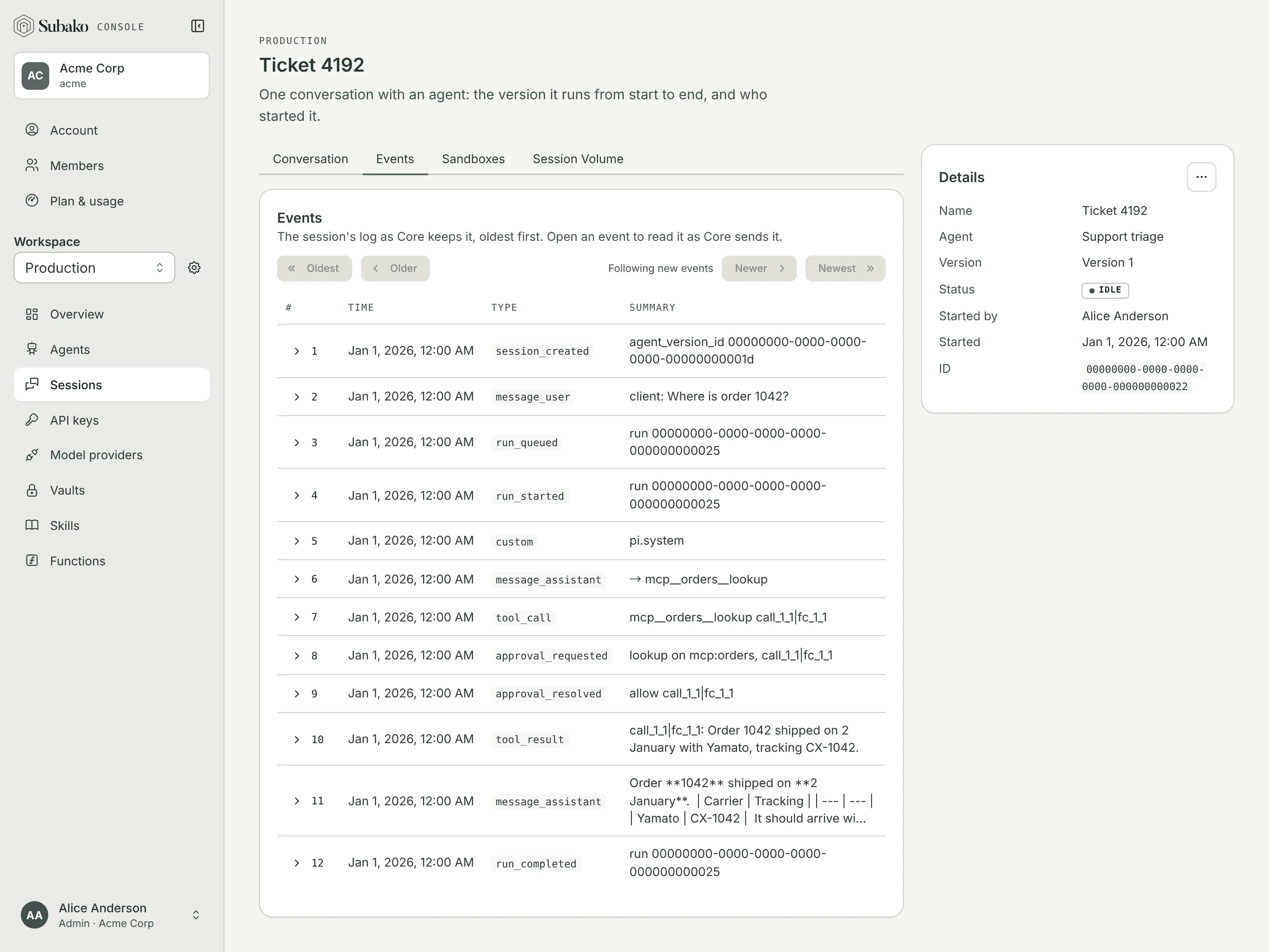 Events: the session’s log, numbered, with each event’s time, type, and summary