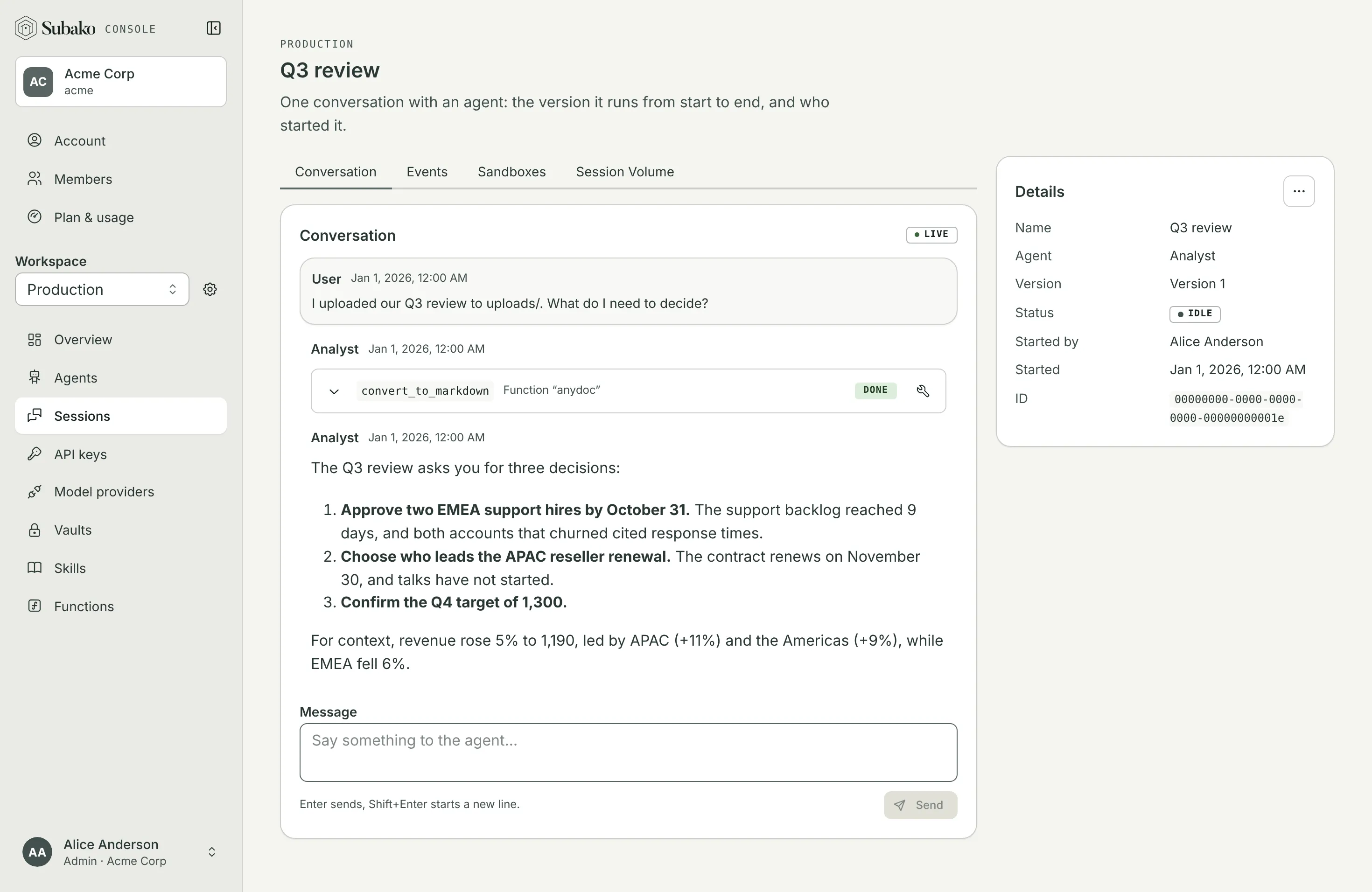 The conversation: the question, the convert_to_markdown call on the function anydoc, done, and the agent’s answer listing three decisions