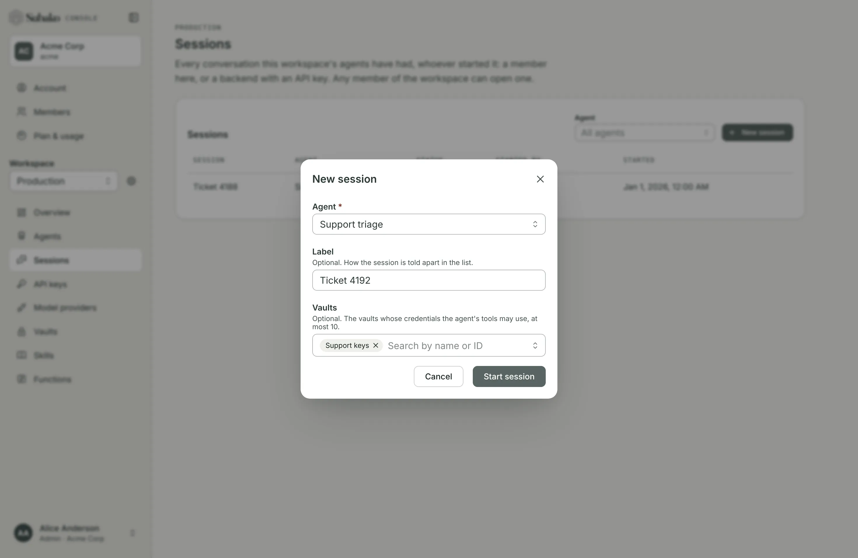 The New session dialog: agent Support triage, label Ticket 4192