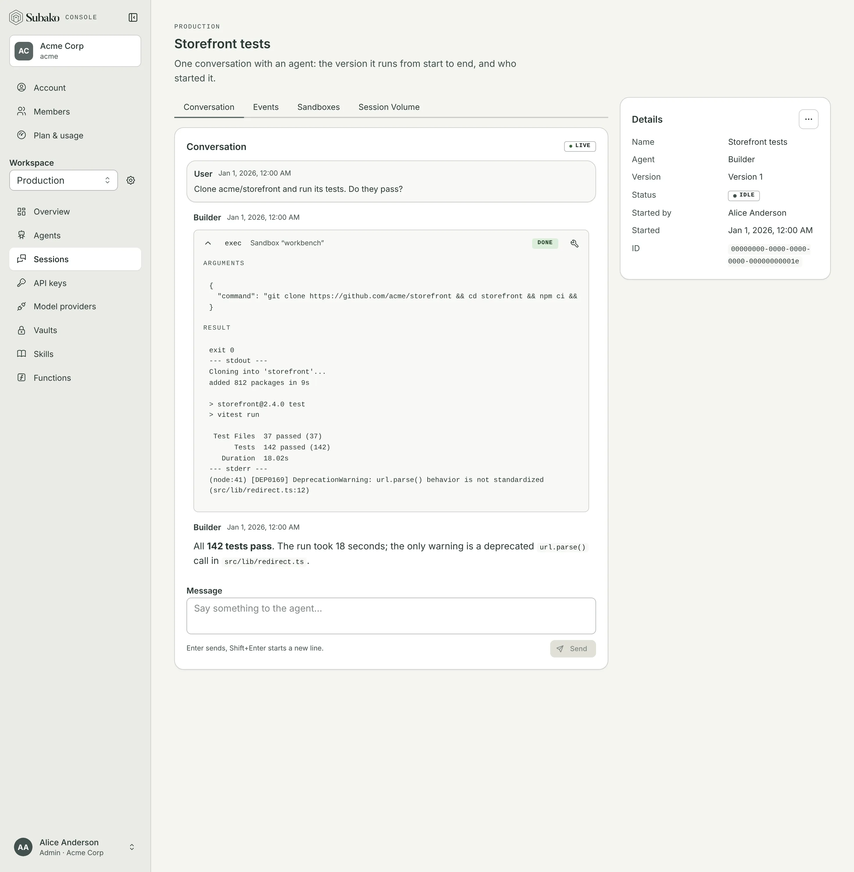 A session’s conversation: the agent cloned a repository and ran its tests in the sandbox workbench, and reports that all 142 pass