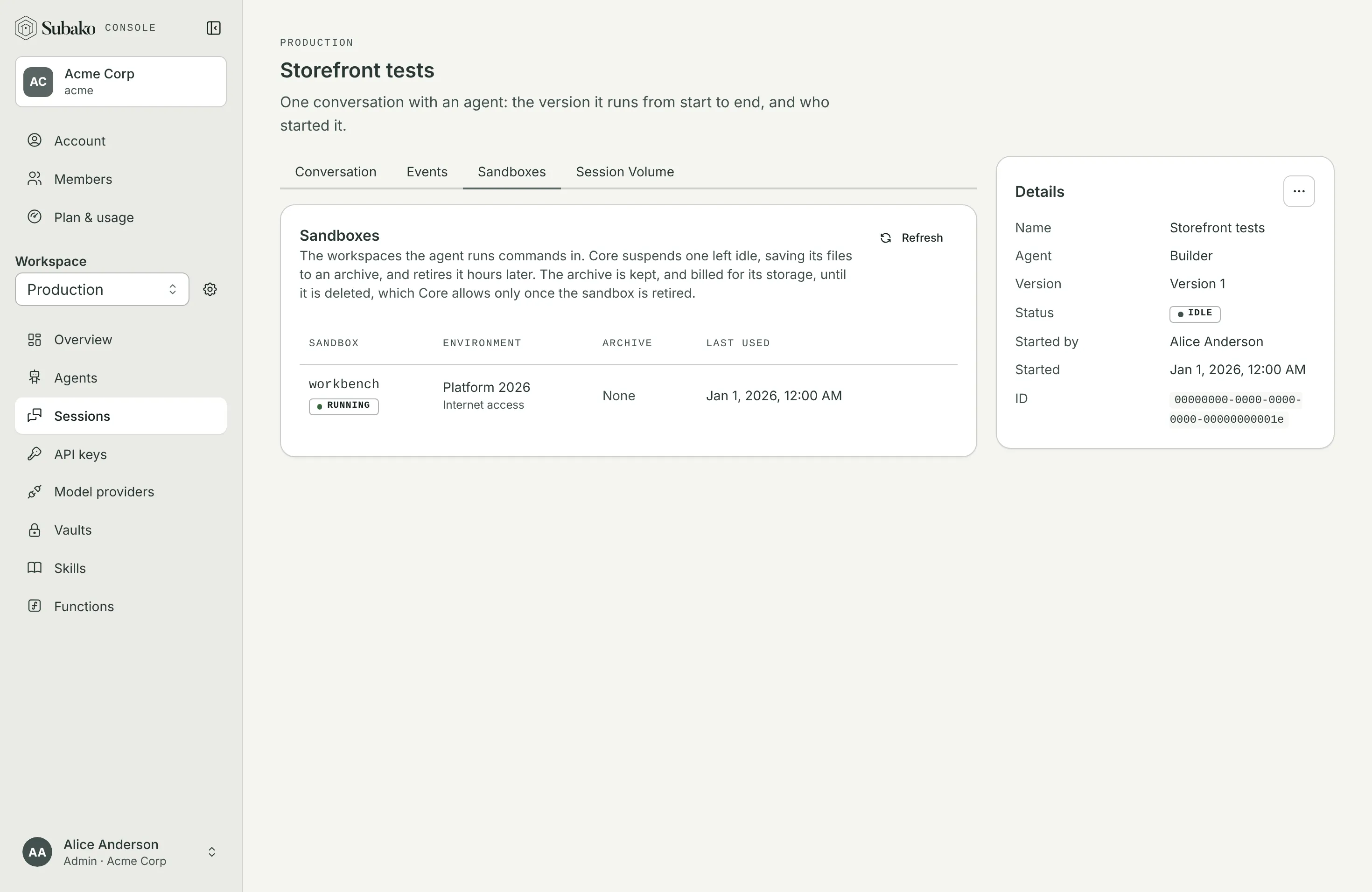 The Sandboxes tab: workbench, on Platform 2026 with internet access, running