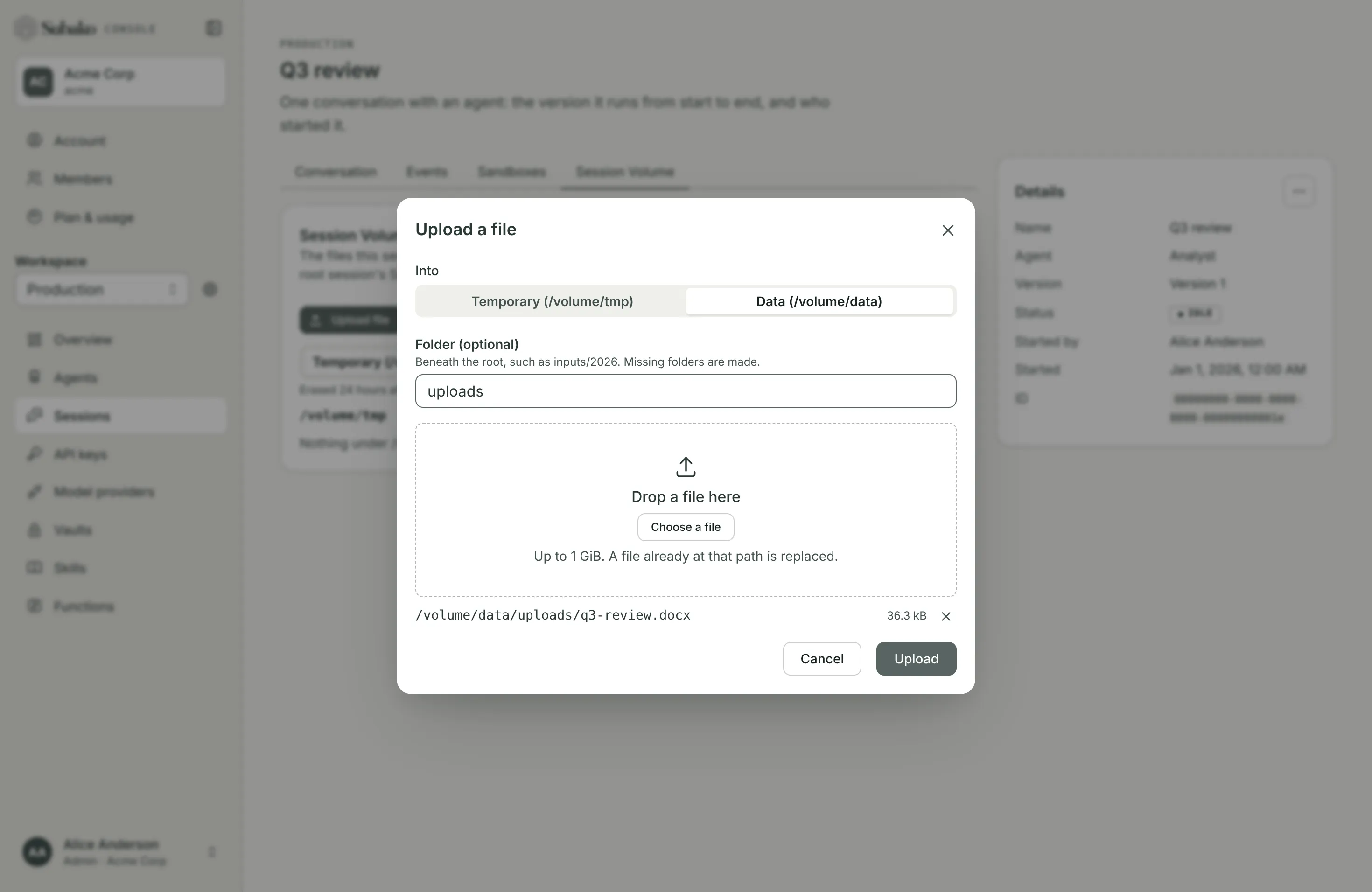Upload a file: q3-review.docx into Data (/volume/data), in the folder uploads