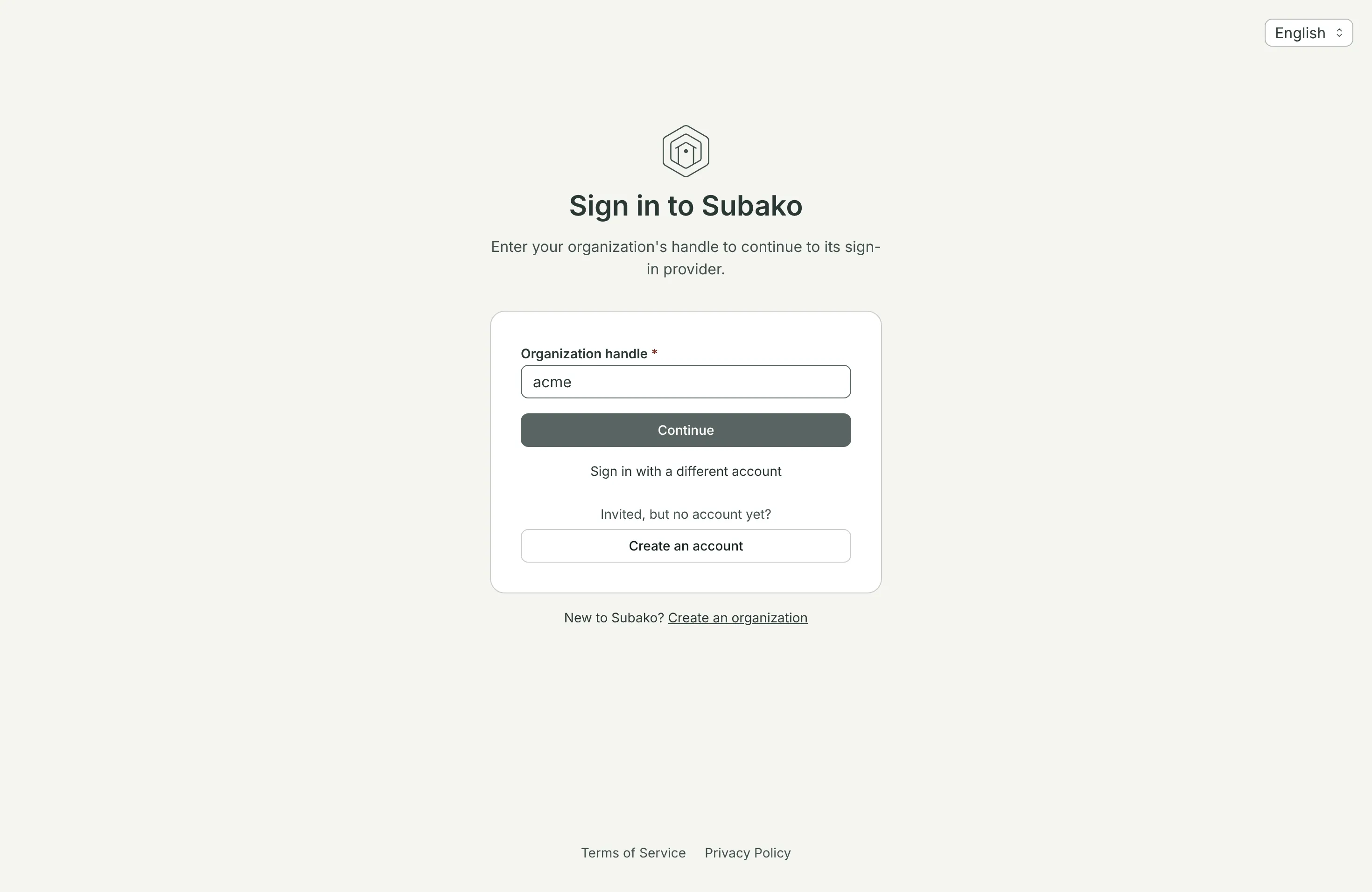 The sign-in page, with the organization handle acme typed in