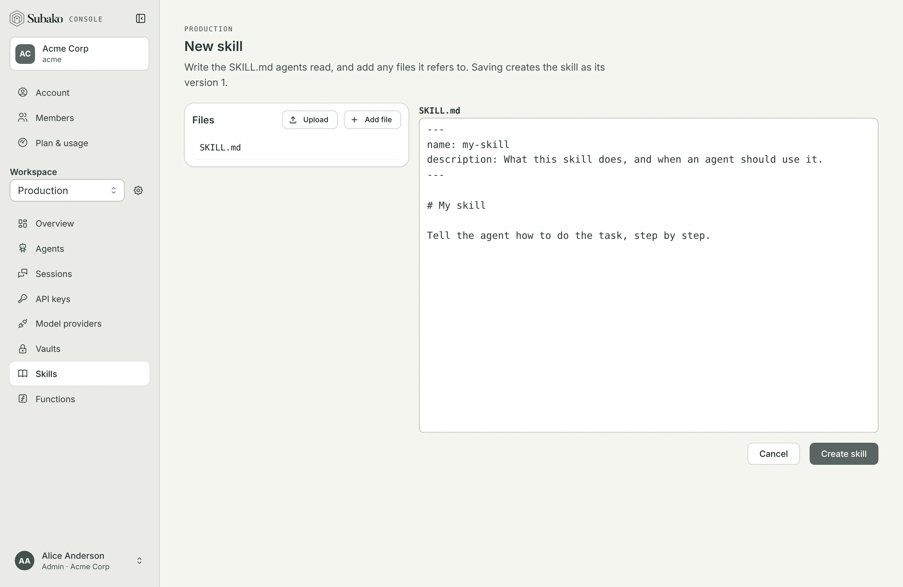 The New skill editor, with the SKILL.md template and its files