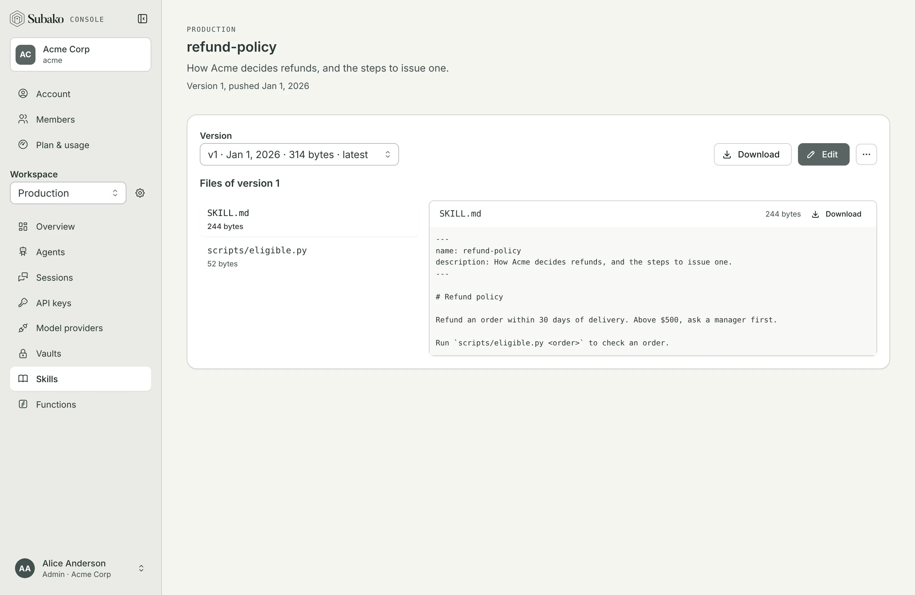 A skill’s page: refund-policy at version 1, with SKILL.md and scripts/eligible.py