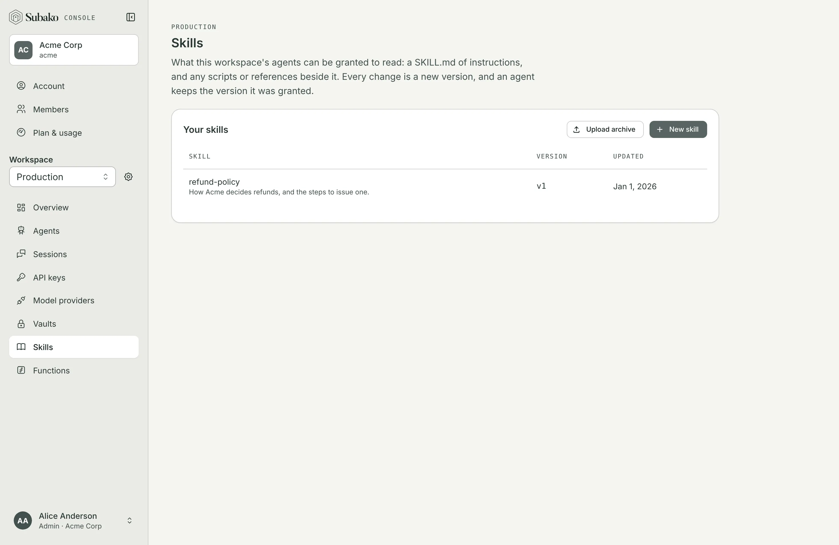 Skills: the workspace’s skills, each with its latest version