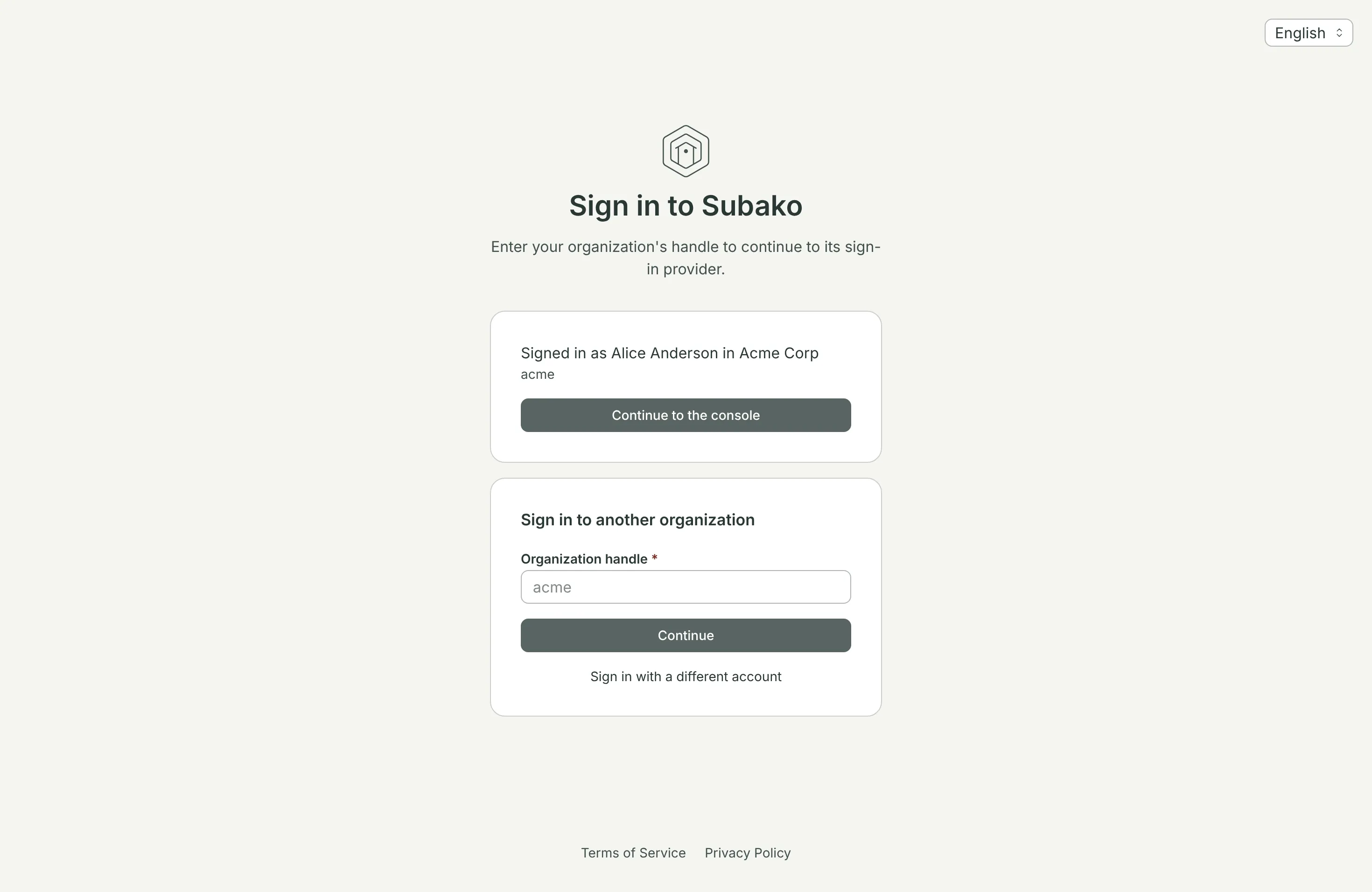 The sign-in page while signed in: Signed in as Alice Anderson in Acme Corp, with Continue to the console, and the form to sign in to another organization