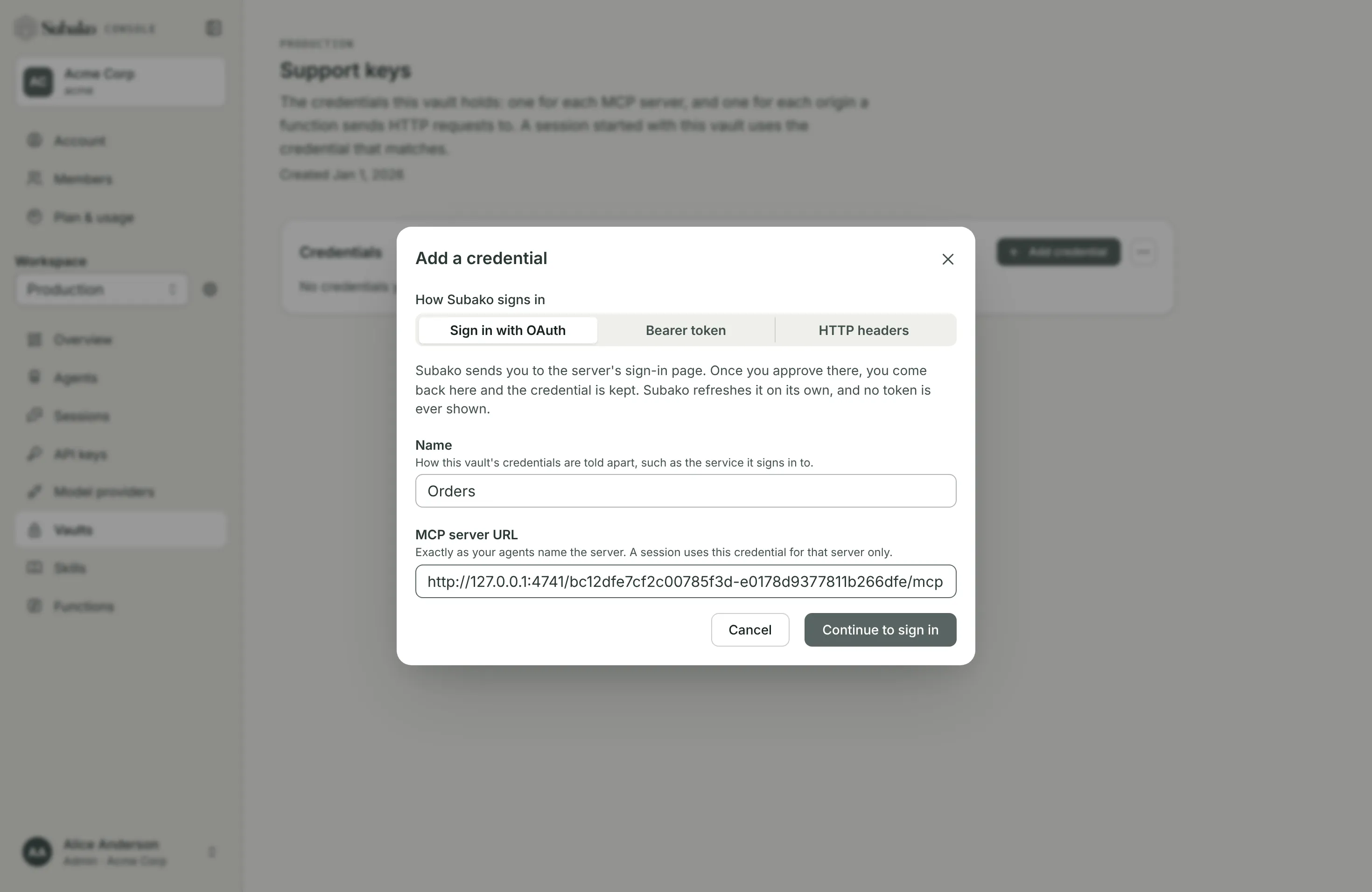 Add a credential: Sign in with OAuth, for the MCP server Orders