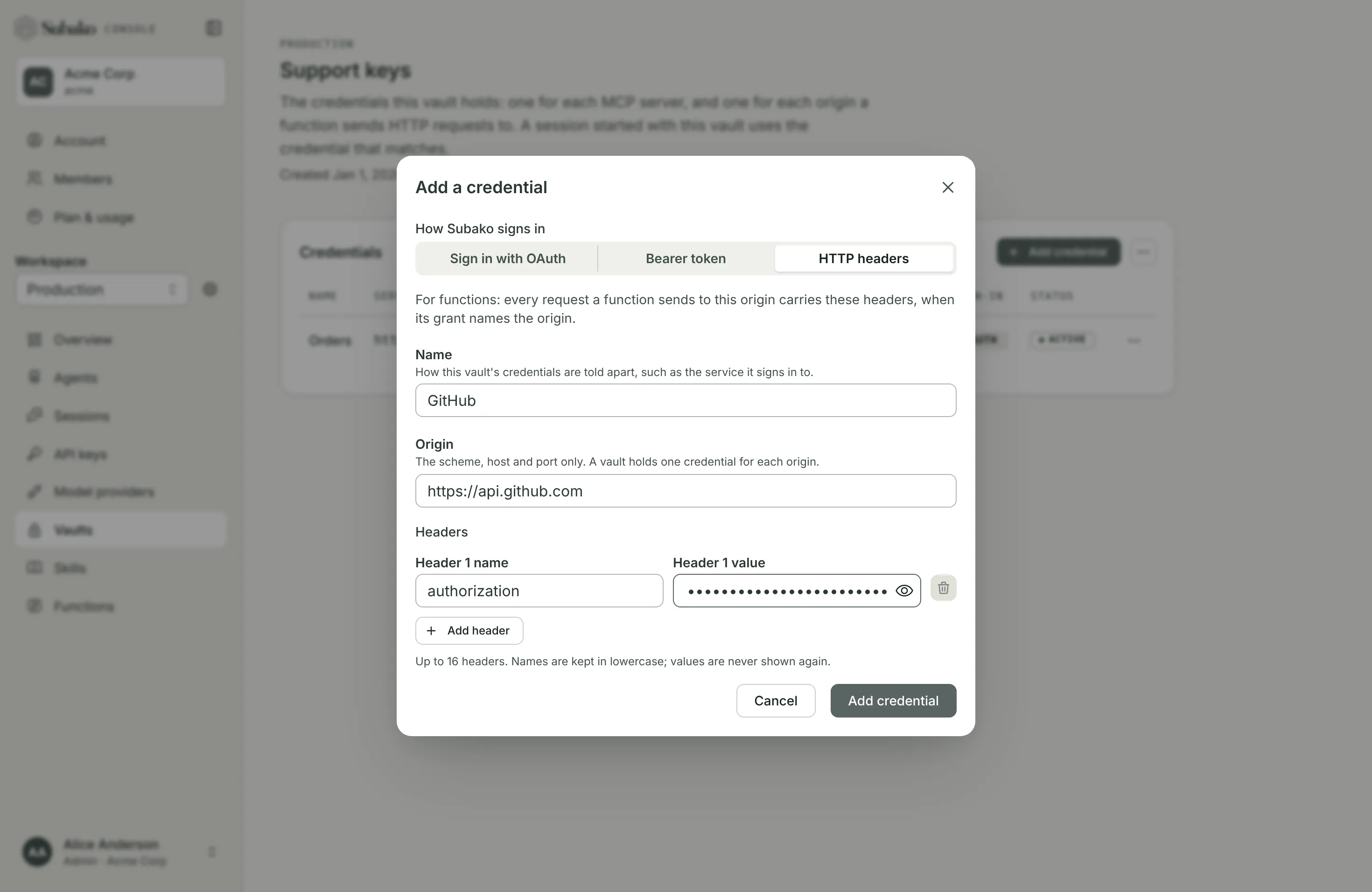 Add a credential: HTTP headers for the origin https://billing.acme.example, with an authorization header