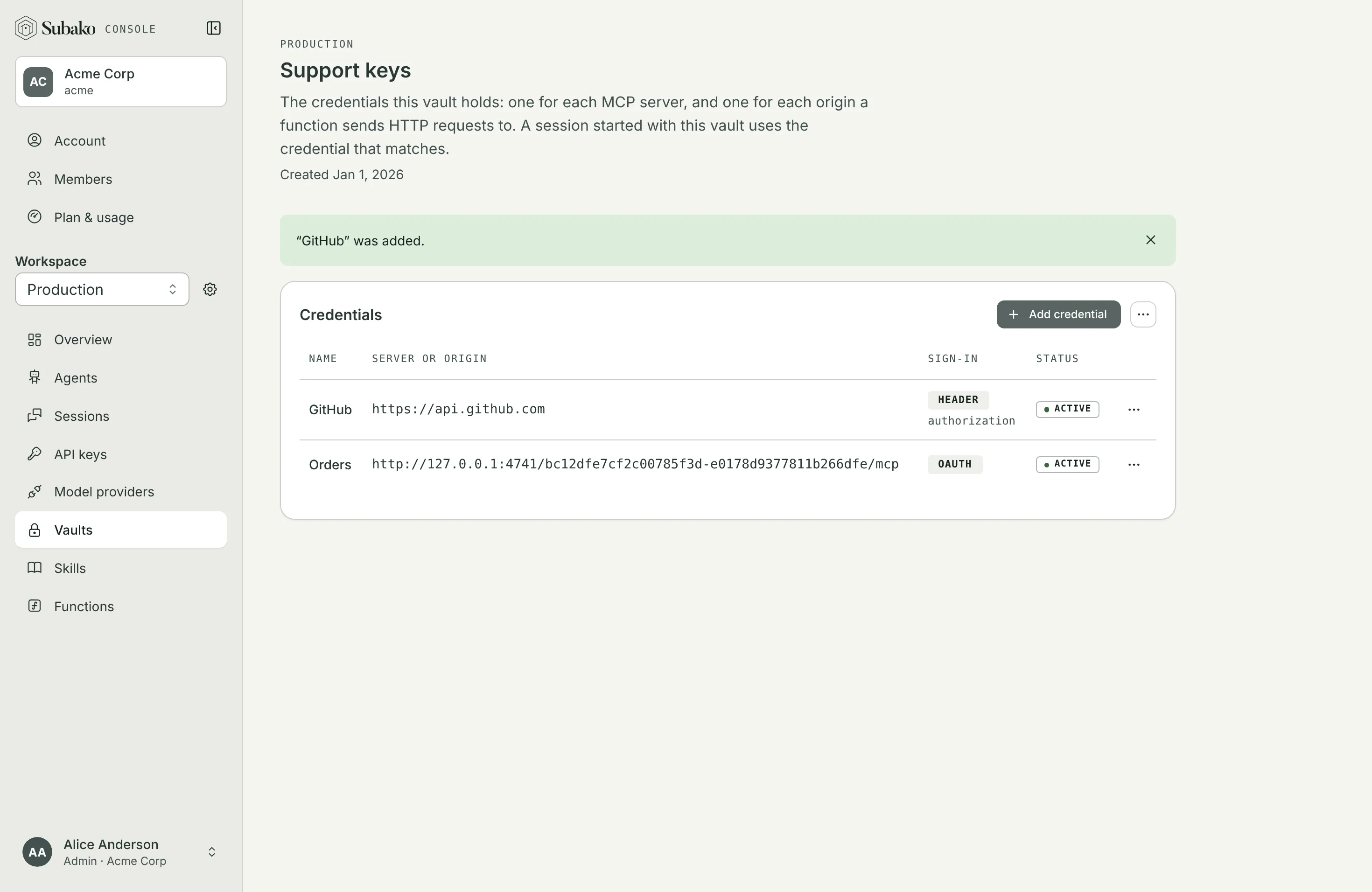 The vault Support keys: an OAuth credential for an MCP server, and HTTP headers for an origin, both active