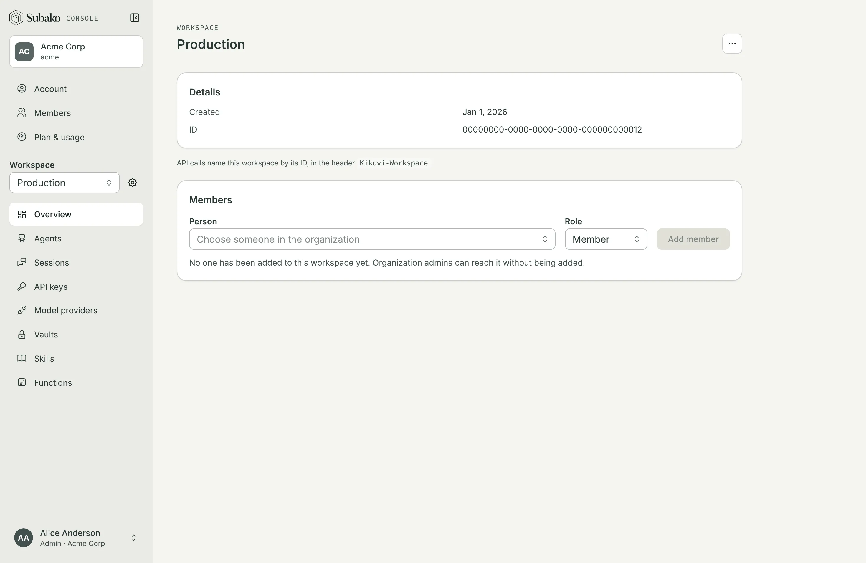 A workspace’s overview: Details with its ID, and Members with the Add a member form