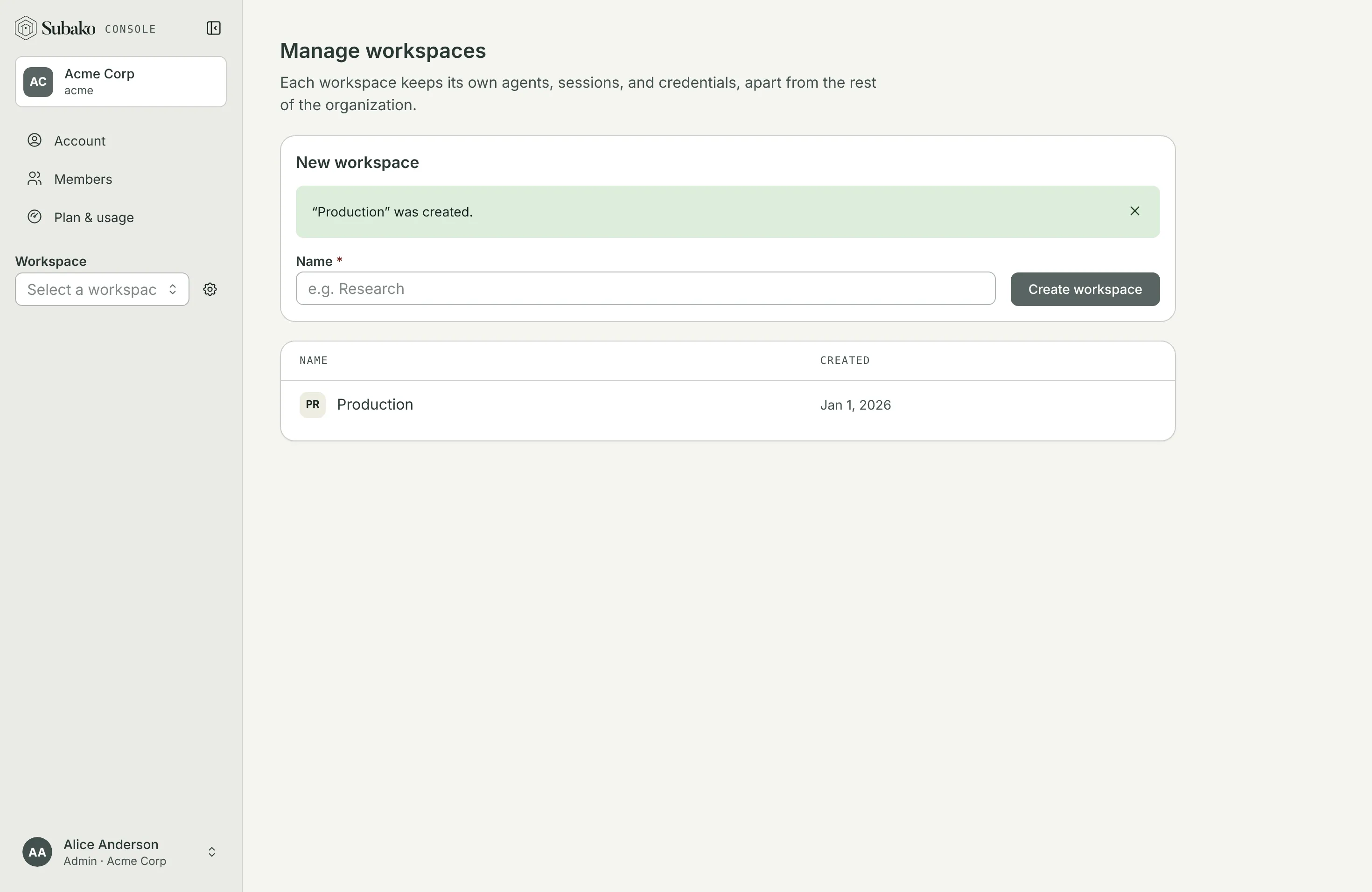 Manage workspaces, after the workspace Production was created